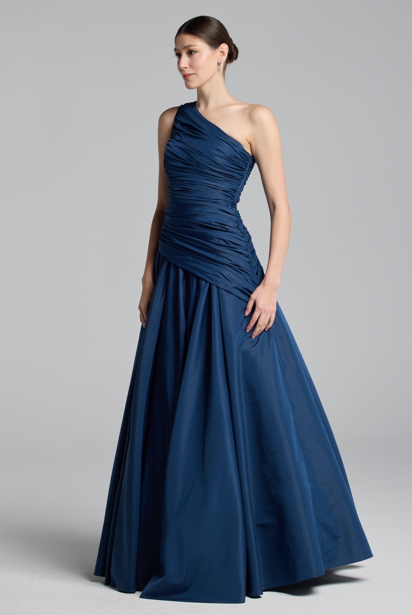 Dark Blue One Shoulder Ruched Gown - shopaleena