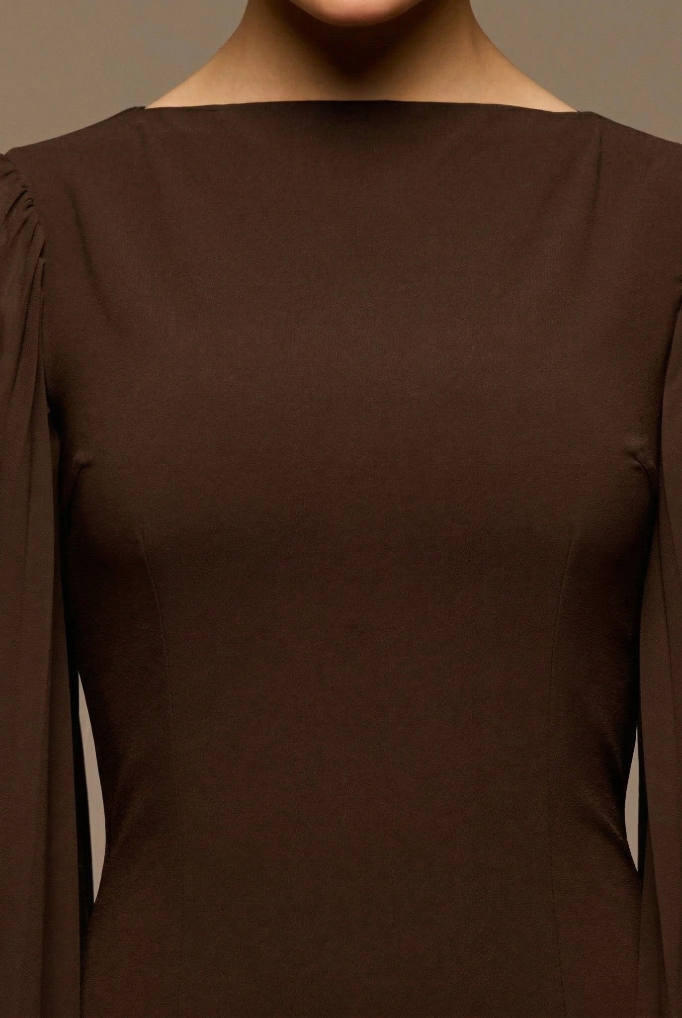 Dark Brown Boat Neck Cape Sleeve Crepe Maxi Dress - shopaleena