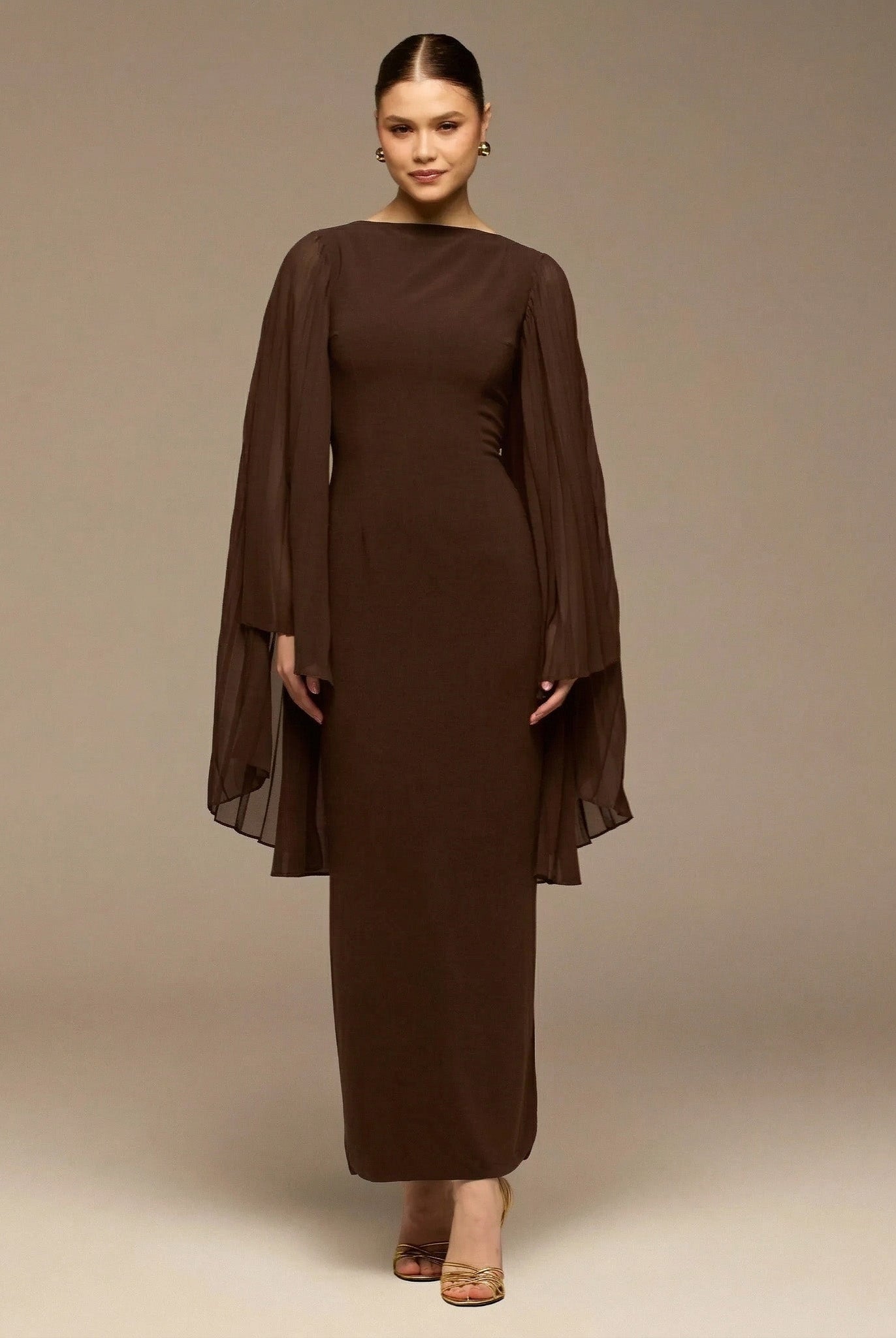 Dark Brown Boat Neck Cape Sleeve Crepe Maxi Dress - shopaleena