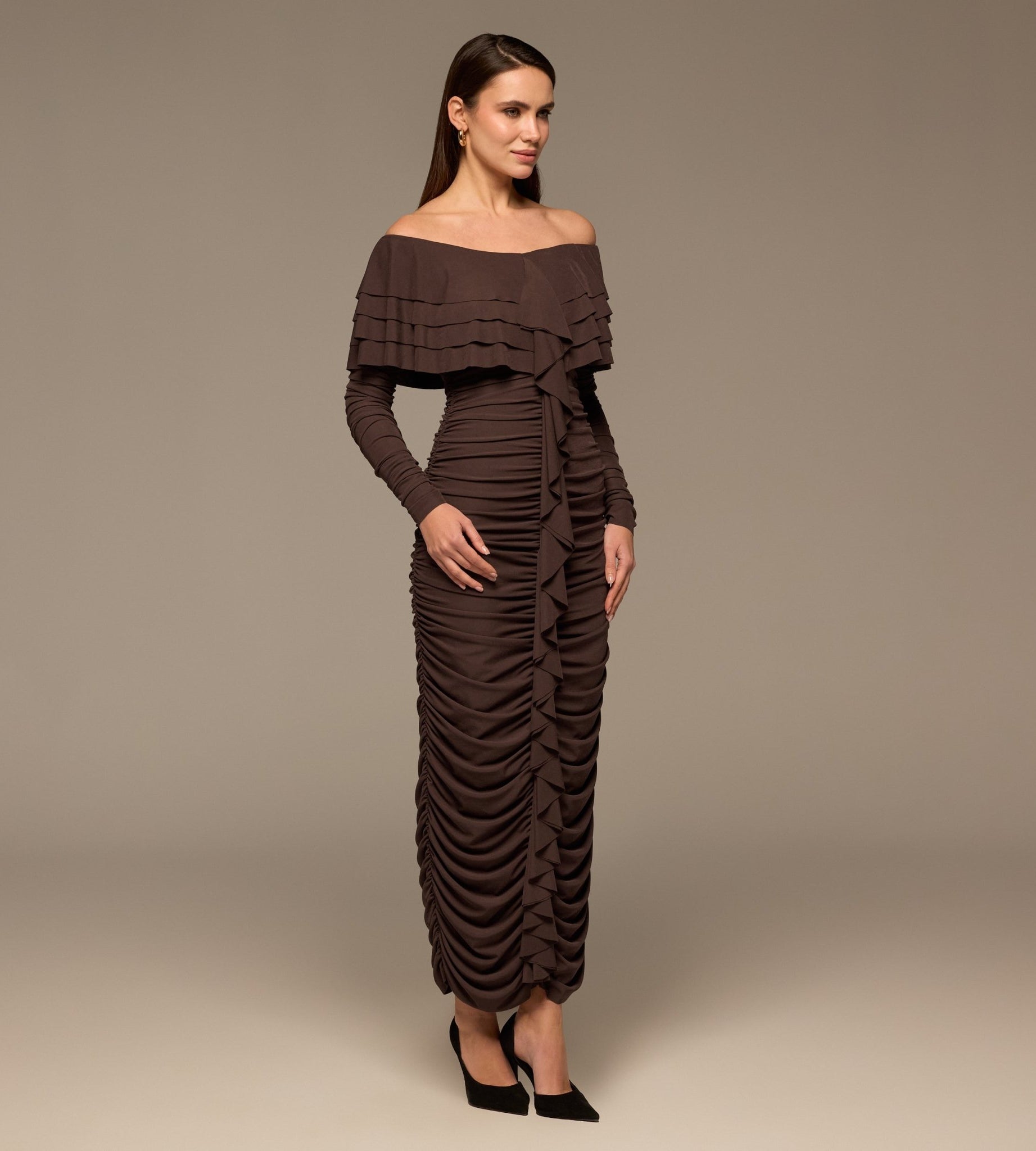 Dark Brown Cascade Ruffle Ruched Jersey Maxi Dress - shopaleena