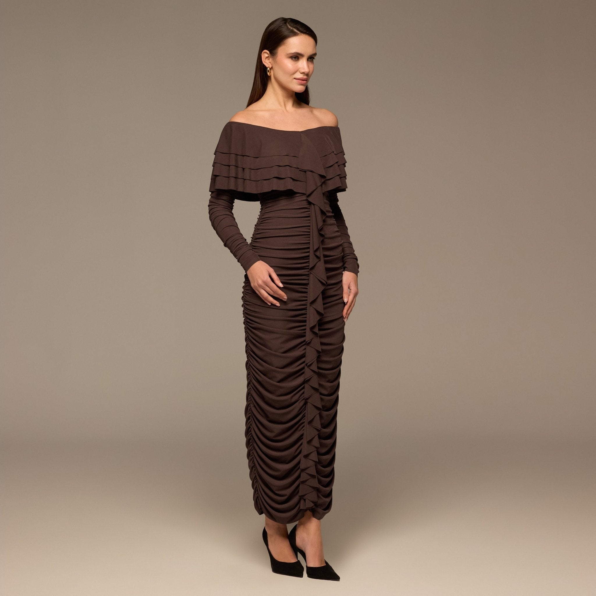 Dark Brown Cascade Ruffle Ruched Jersey Maxi Dress - shopaleena