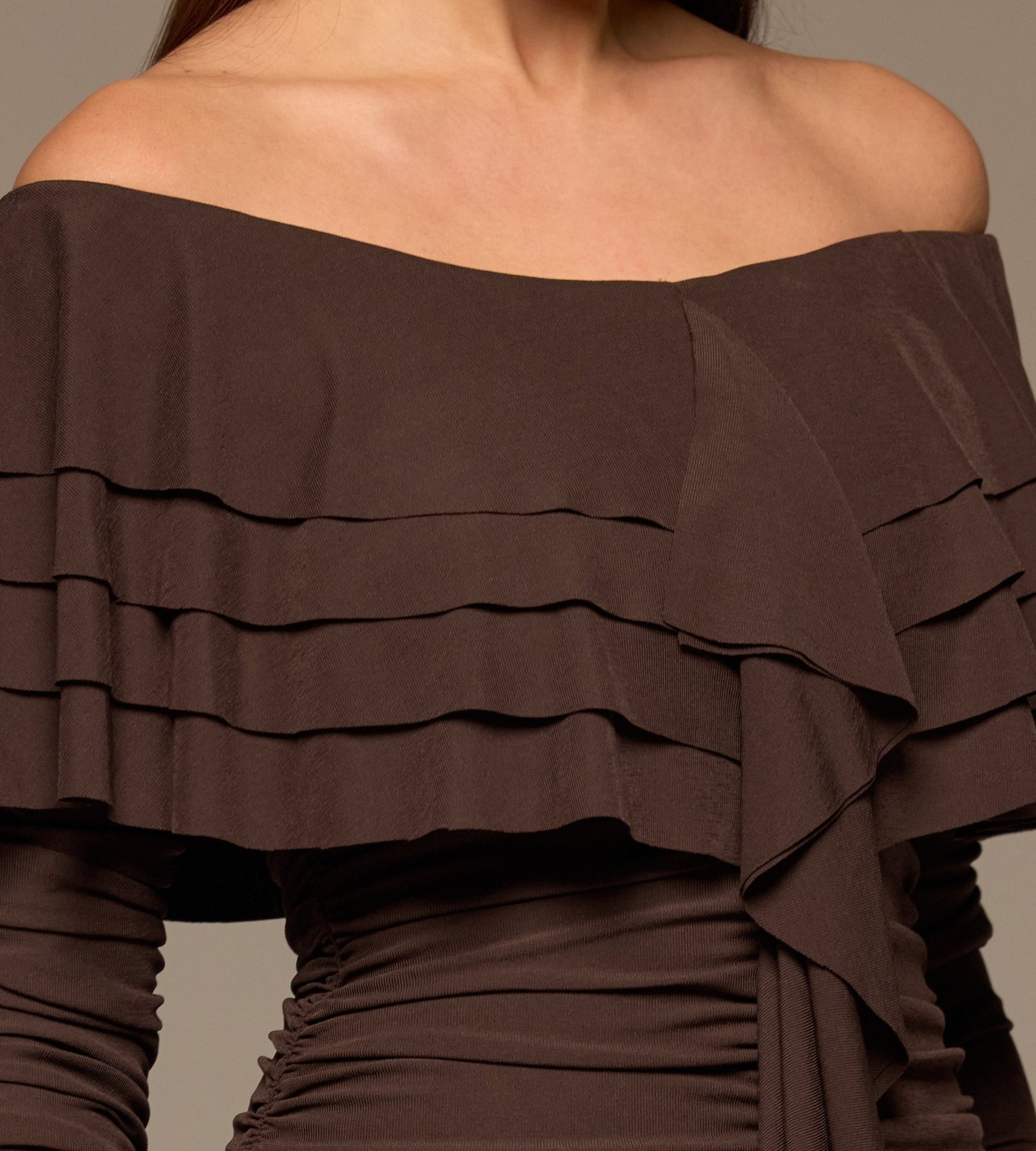 Dark Brown Cascade Ruffle Ruched Jersey Maxi Dress - shopaleena
