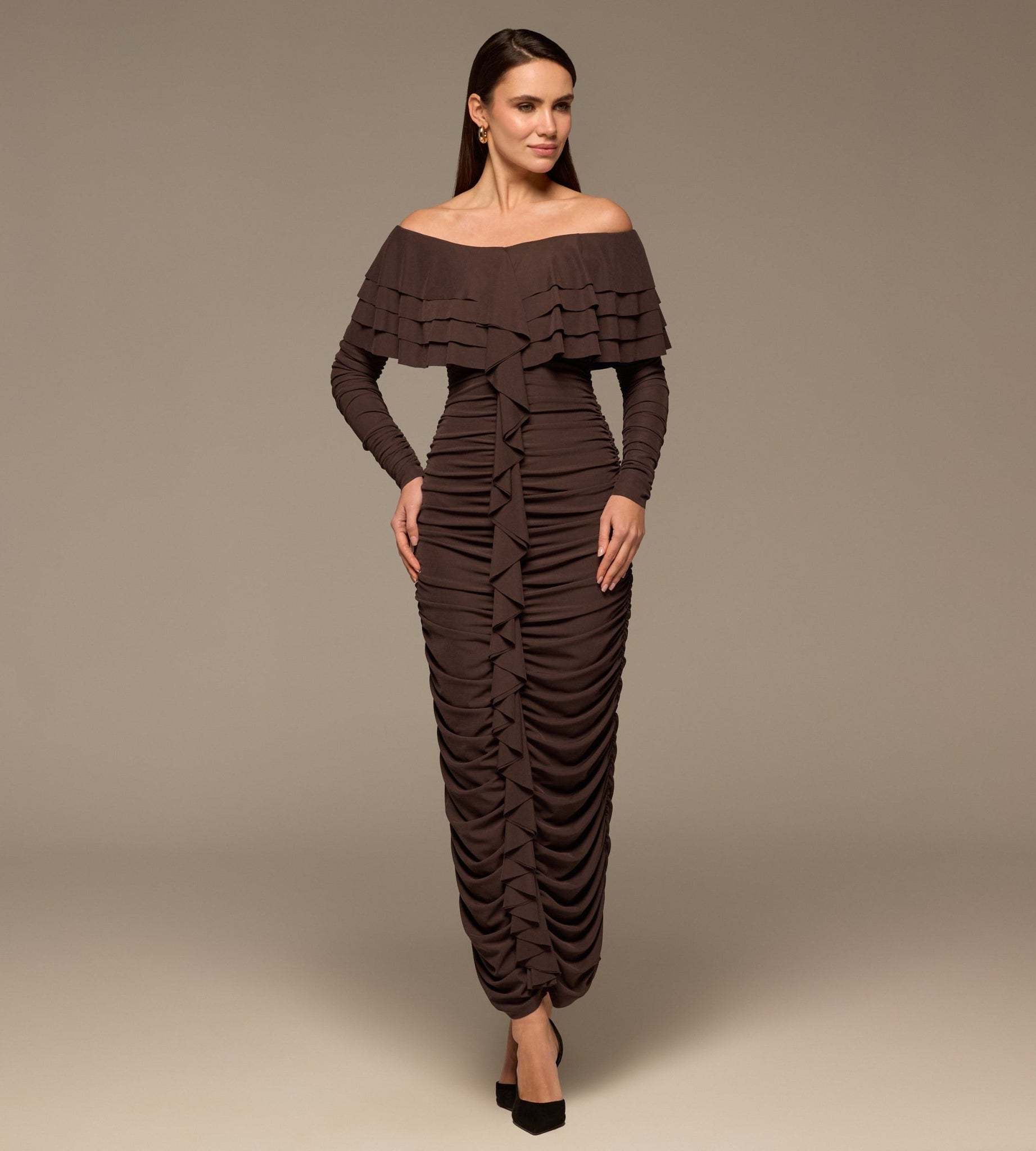Dark Brown Cascade Ruffle Ruched Jersey Maxi Dress - shopaleena