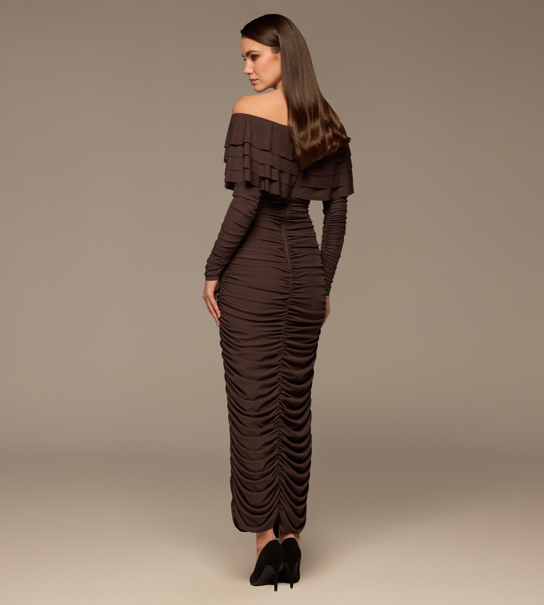Dark Brown Cascade Ruffle Ruched Jersey Maxi Dress - shopaleena