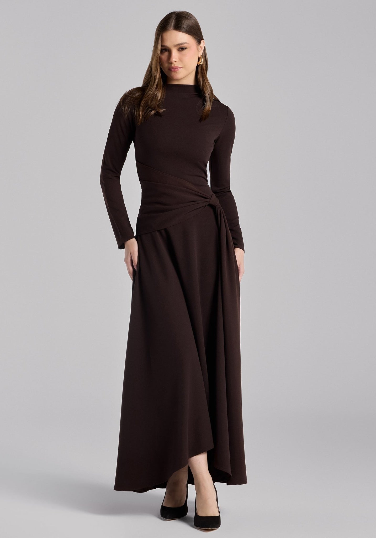 Dark Brown Crepe Draped Asymmetric Neck Maxi Dress - shopaleena