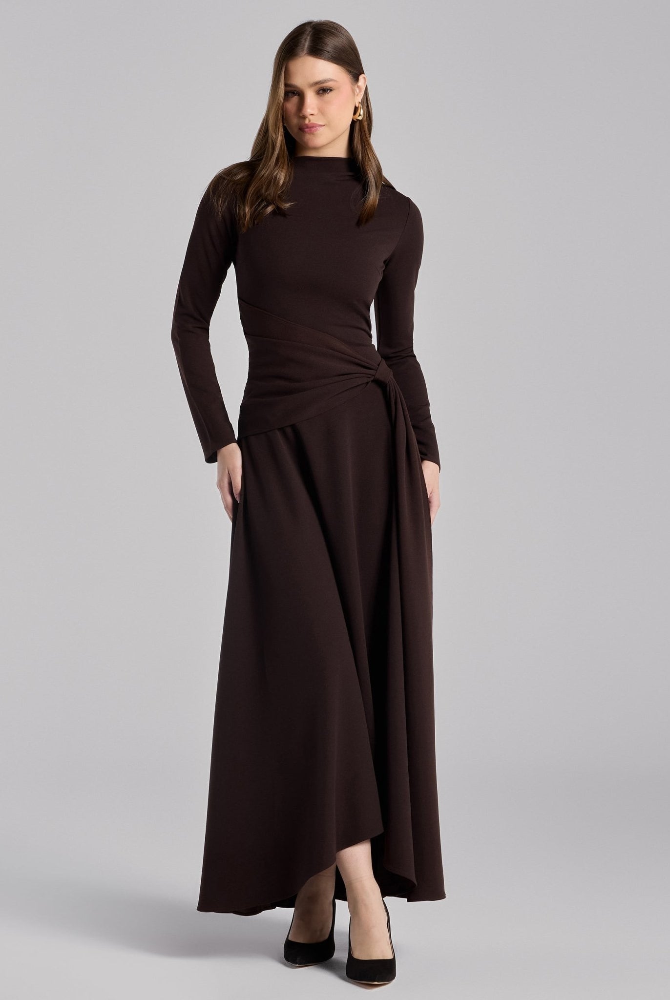 Dark Brown Crepe Draped Asymmetric Neck Maxi Dress - shopaleena