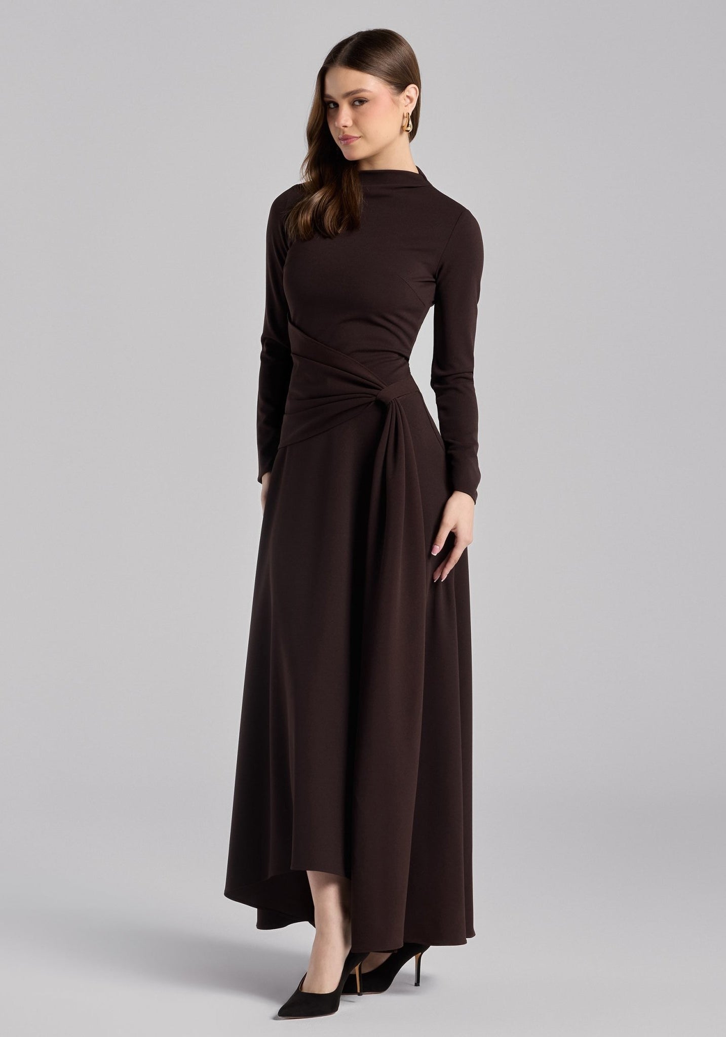 Dark Brown Crepe Draped Asymmetric Neck Maxi Dress - shopaleena