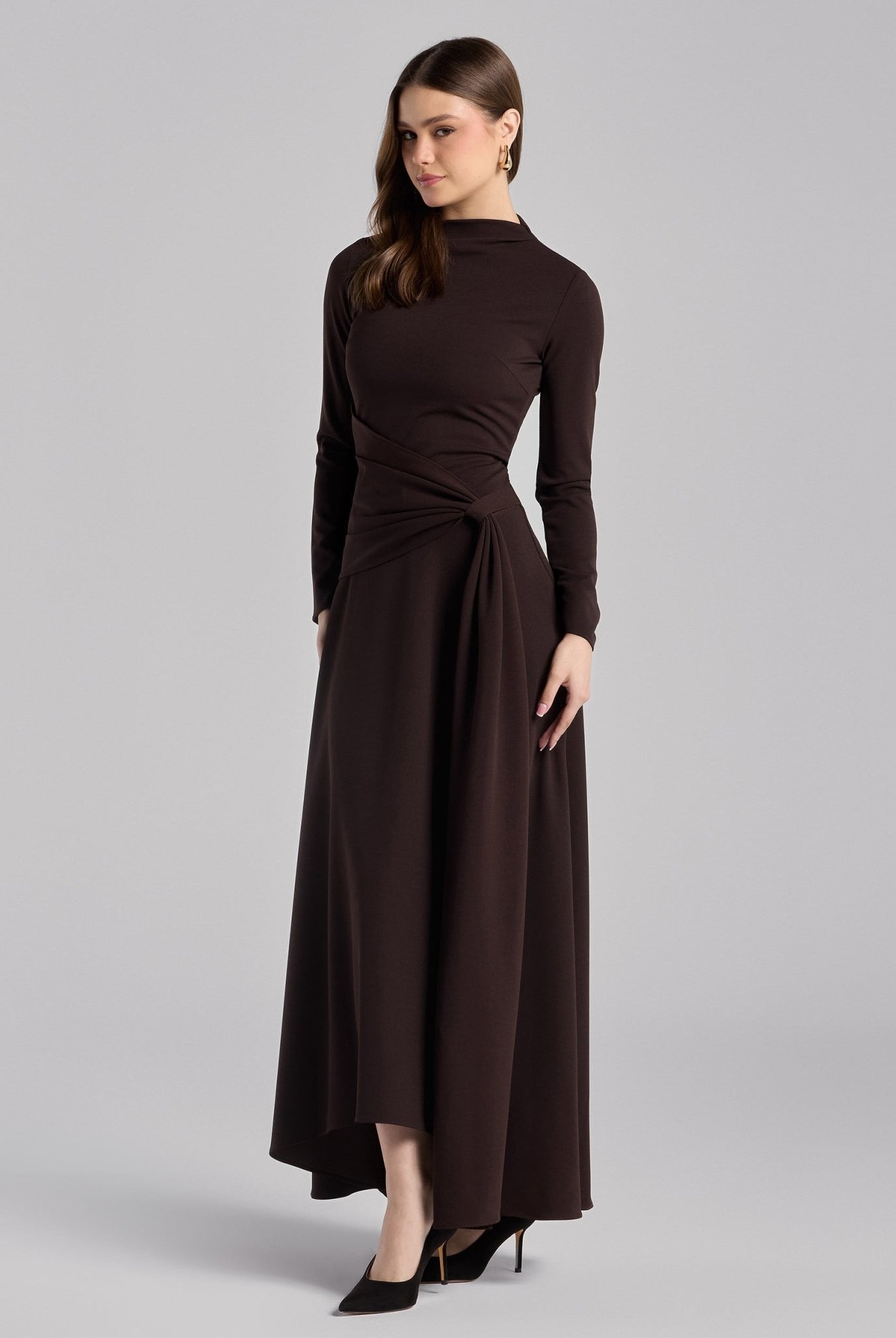 Dark Brown Crepe Draped Asymmetric Neck Maxi Dress - shopaleena