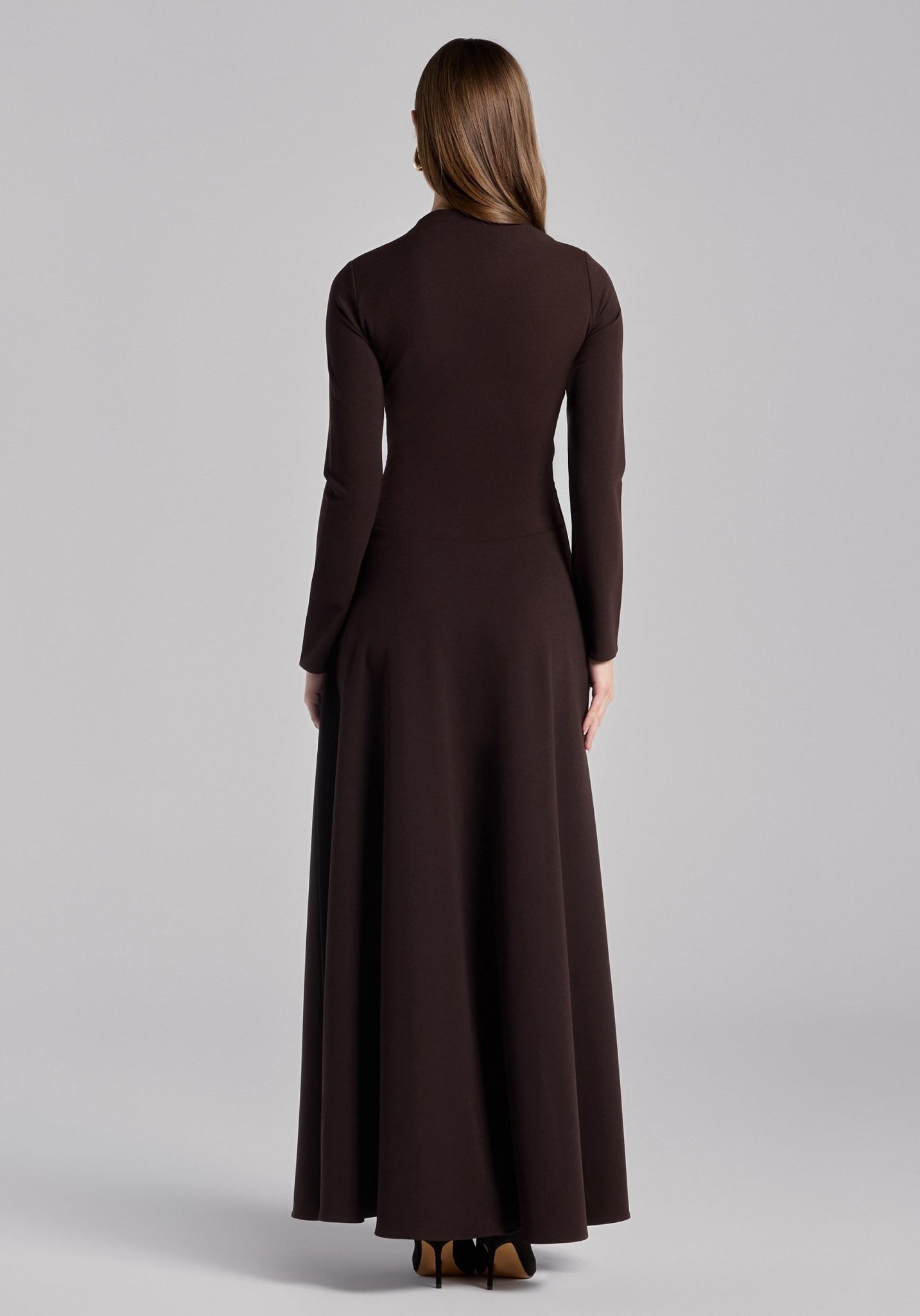 Dark Brown Crepe Draped Asymmetric Neck Maxi Dress - shopaleena
