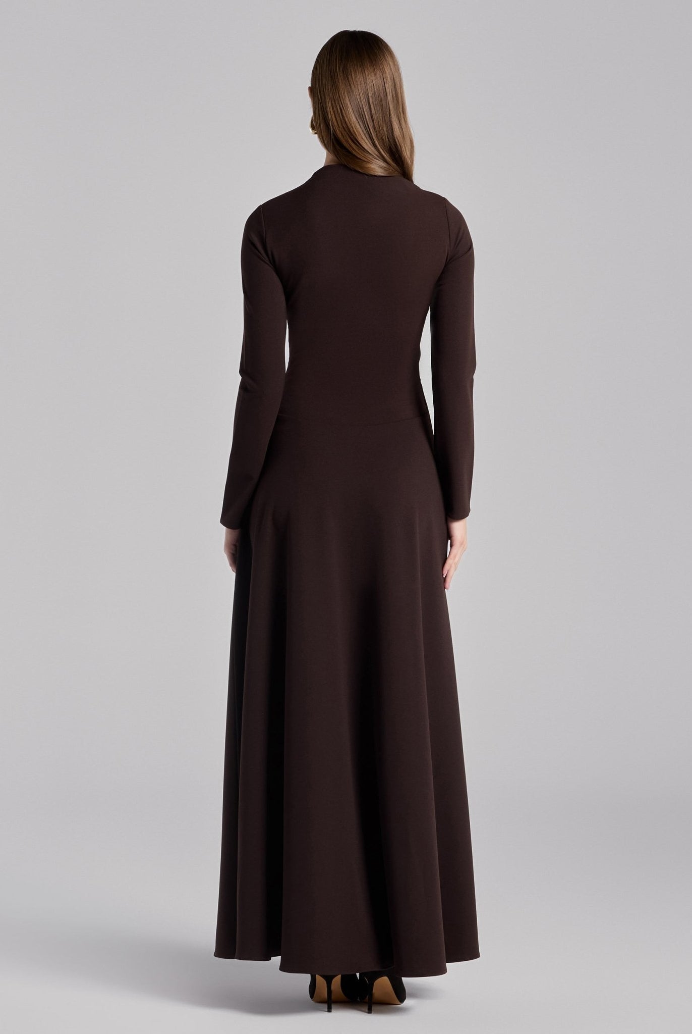 Dark Brown Crepe Draped Asymmetric Neck Maxi Dress - shopaleena