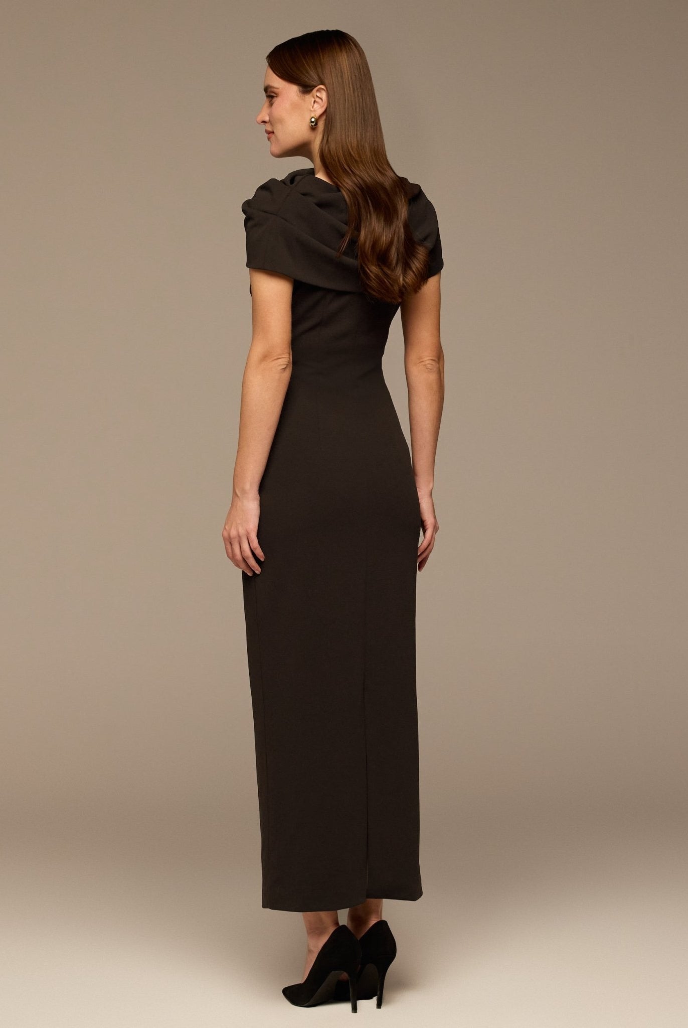 Dark Brown Draped Neck Crepe Dress - shopaleena