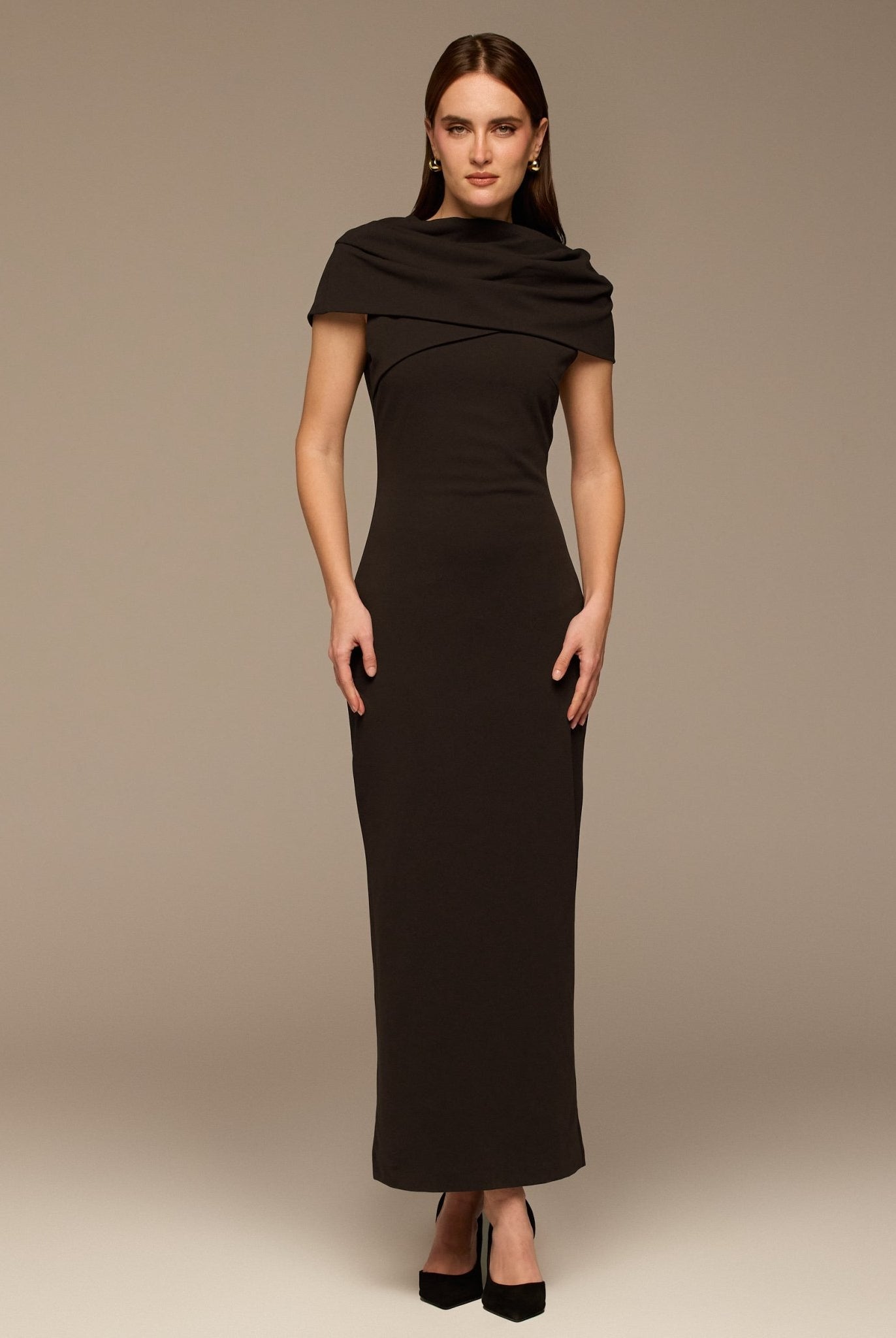 Dark Brown Draped Neck Crepe Dress - shopaleena