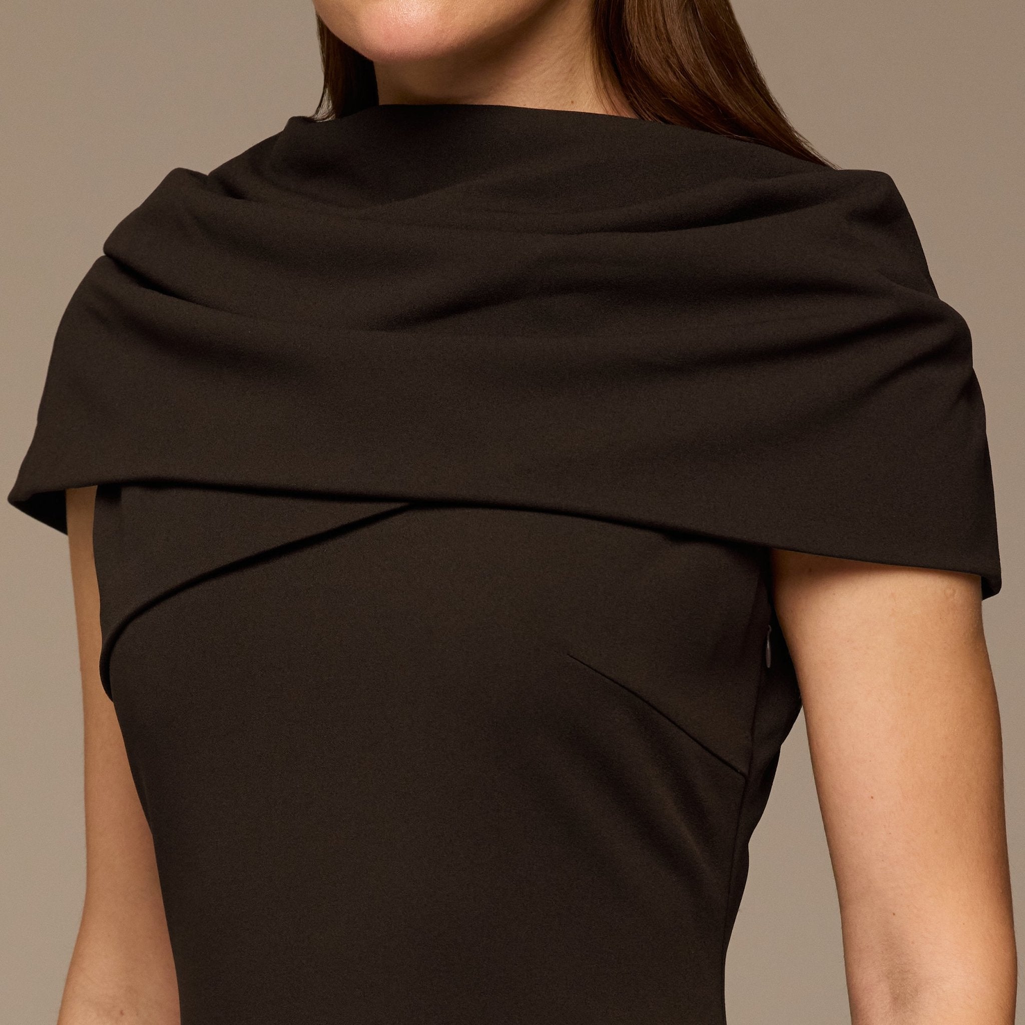 Dark Brown Draped Neck Crepe Dress - shopaleena
