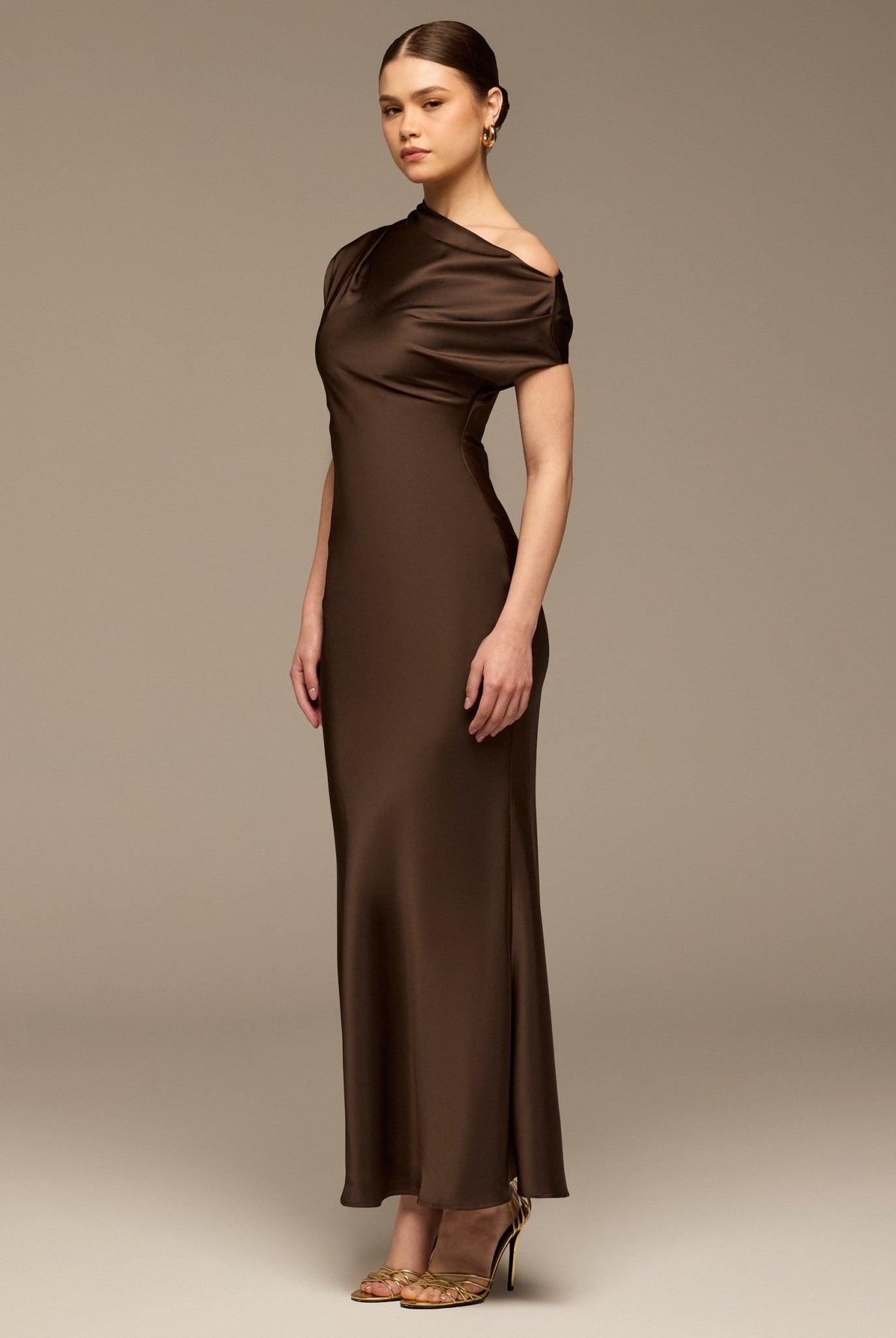 Dark Brown Draped Neckline Satin Maxi Dress - shopaleena