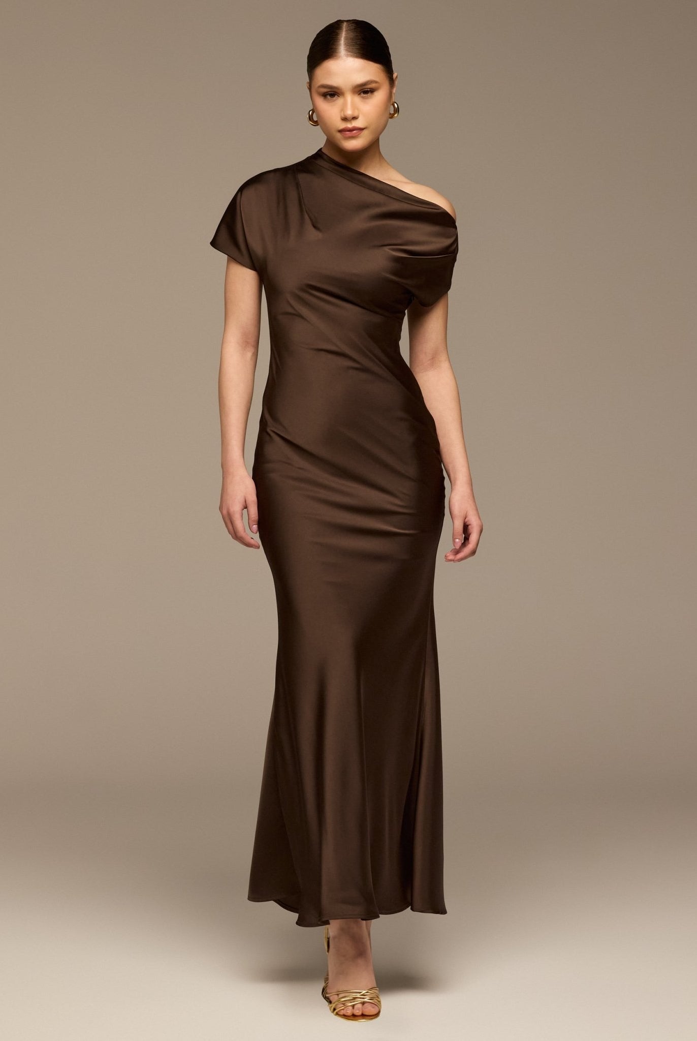 Dark Brown Draped Neckline Satin Maxi Dress - shopaleena