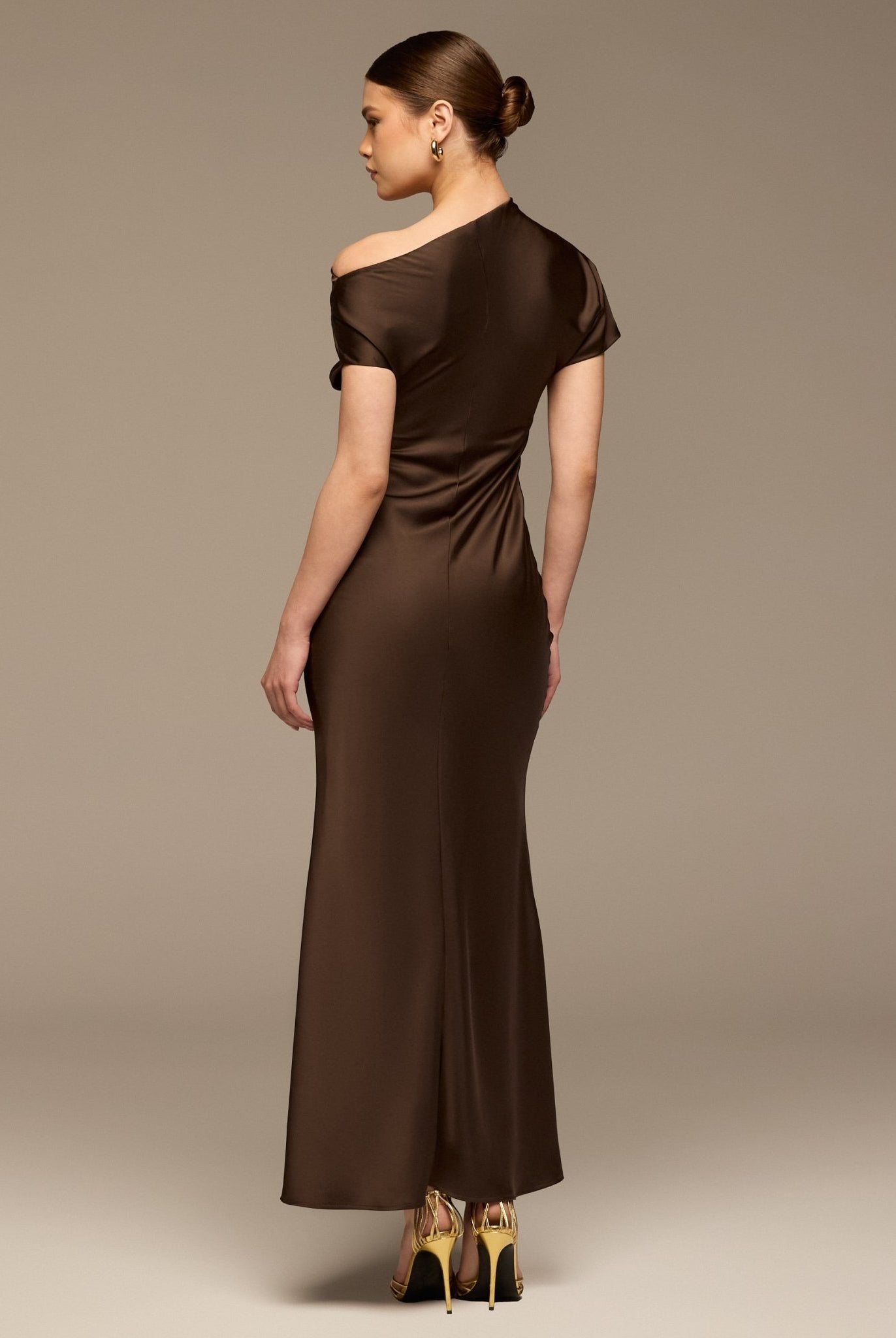 Dark Brown Draped Neckline Satin Maxi Dress - shopaleena