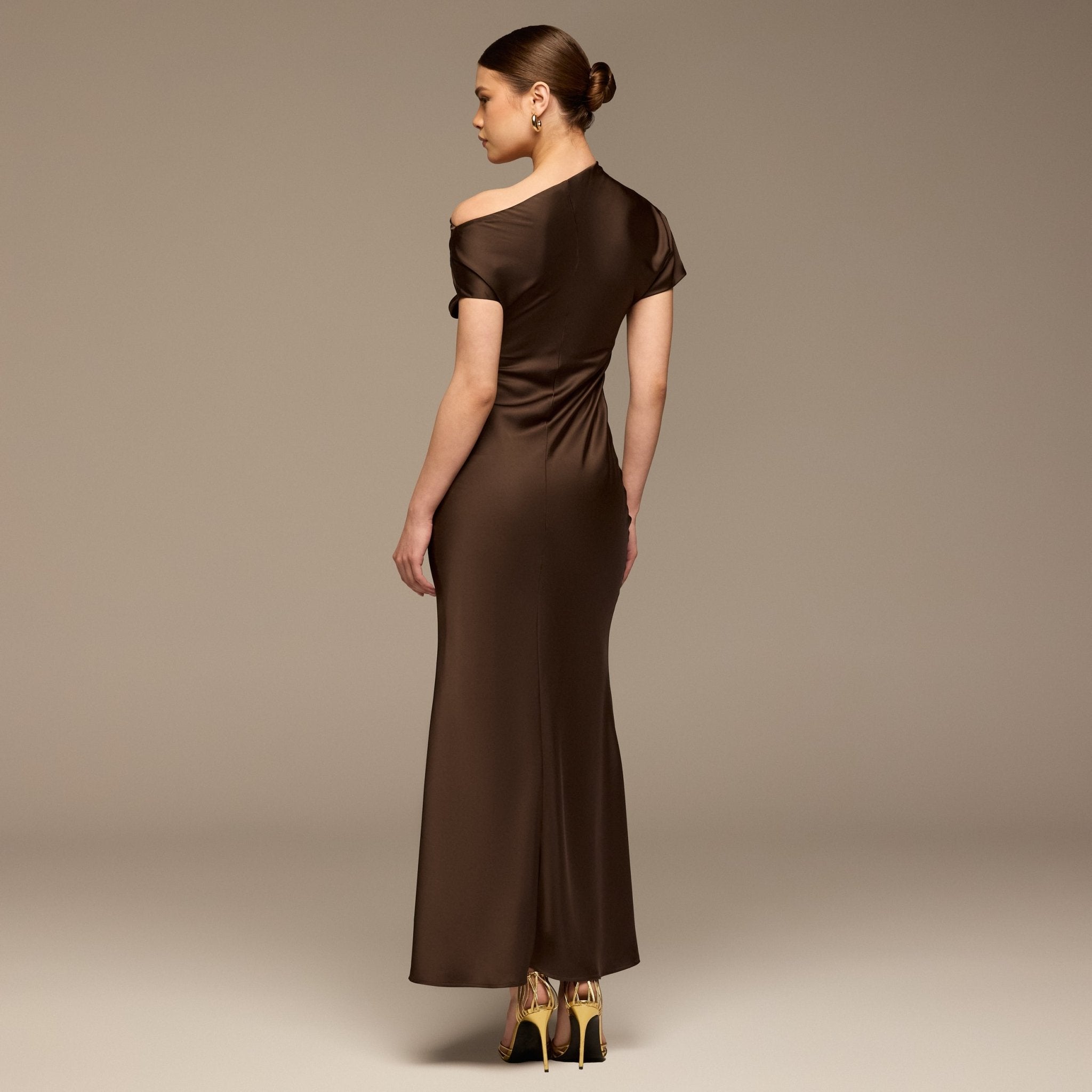 Dark Brown Draped Neckline Satin Maxi Dress - shopaleena