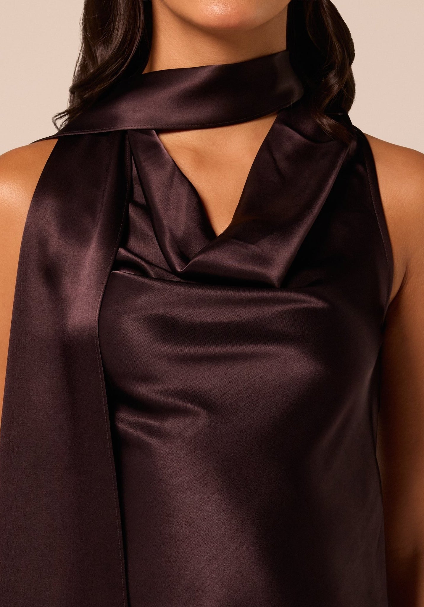 Dark Brown Draped Satin Top - shopaleena