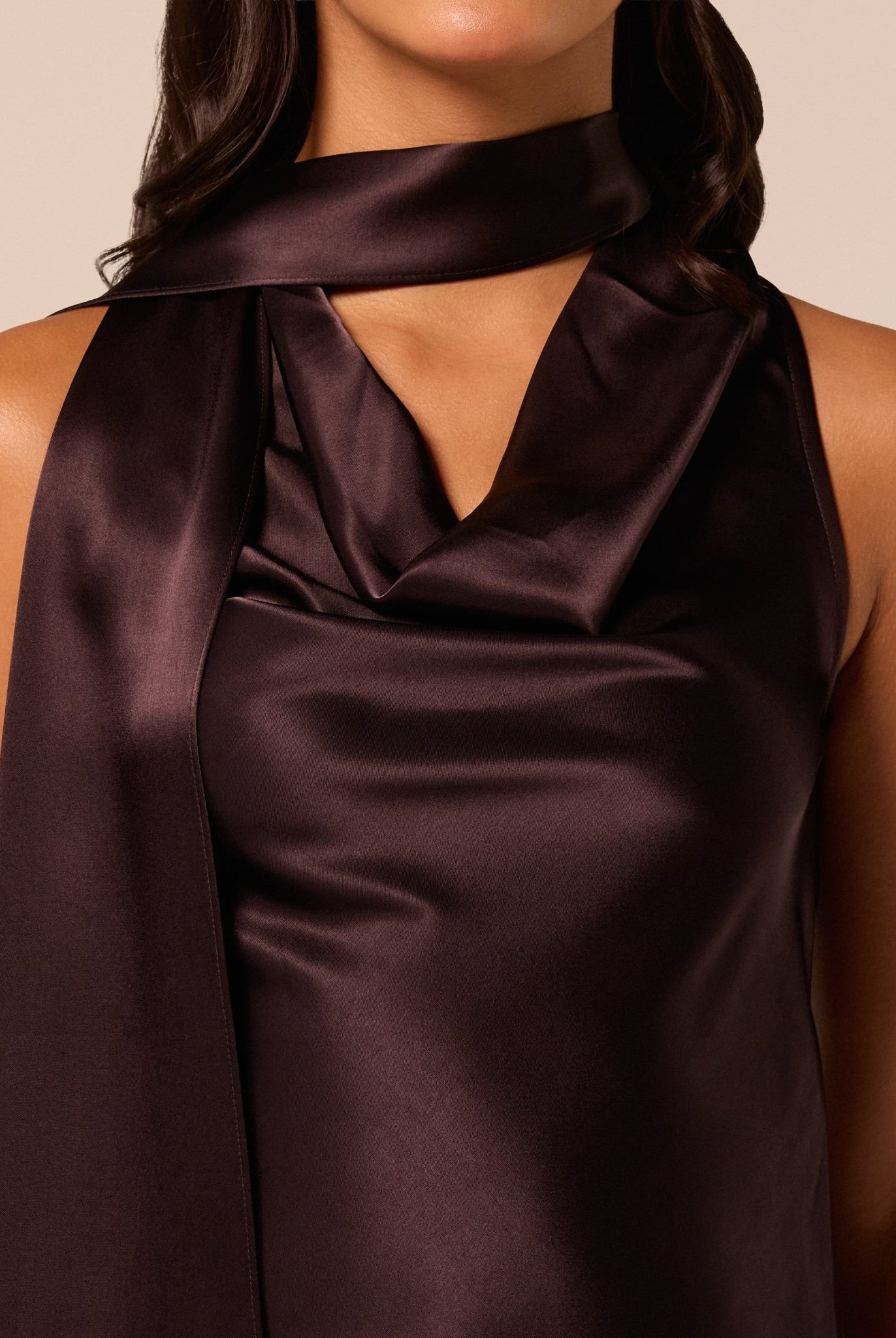 Dark Brown Draped Satin Top - shopaleena