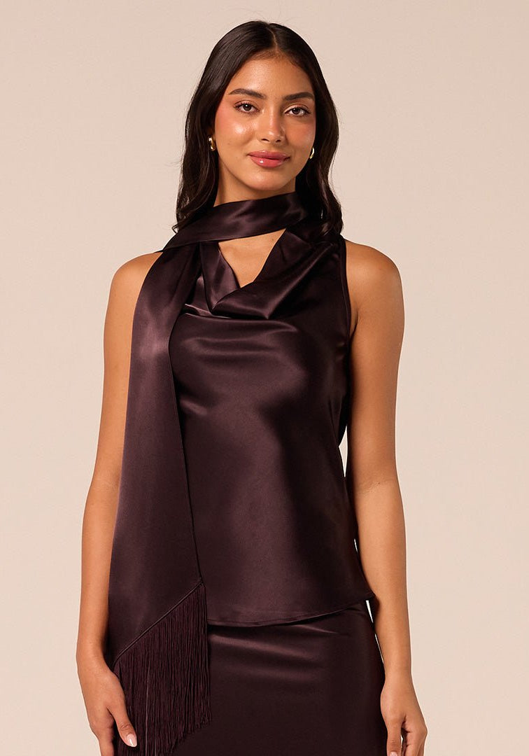 Dark Brown Draped Satin Top - shopaleena