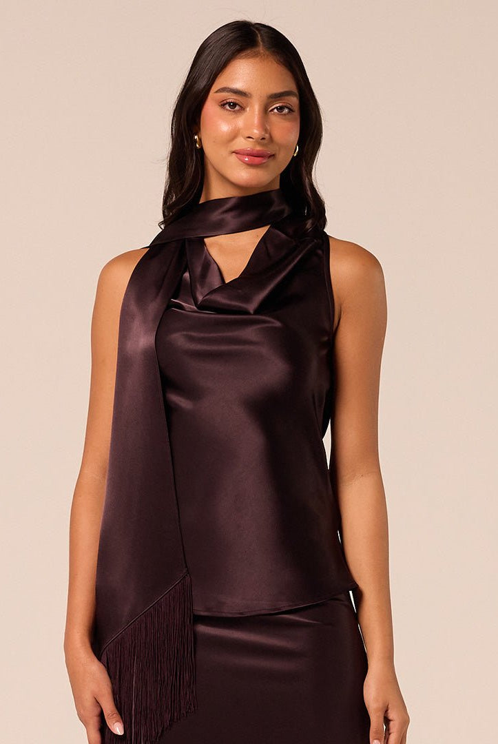 Dark Brown Draped Satin Top - shopaleena