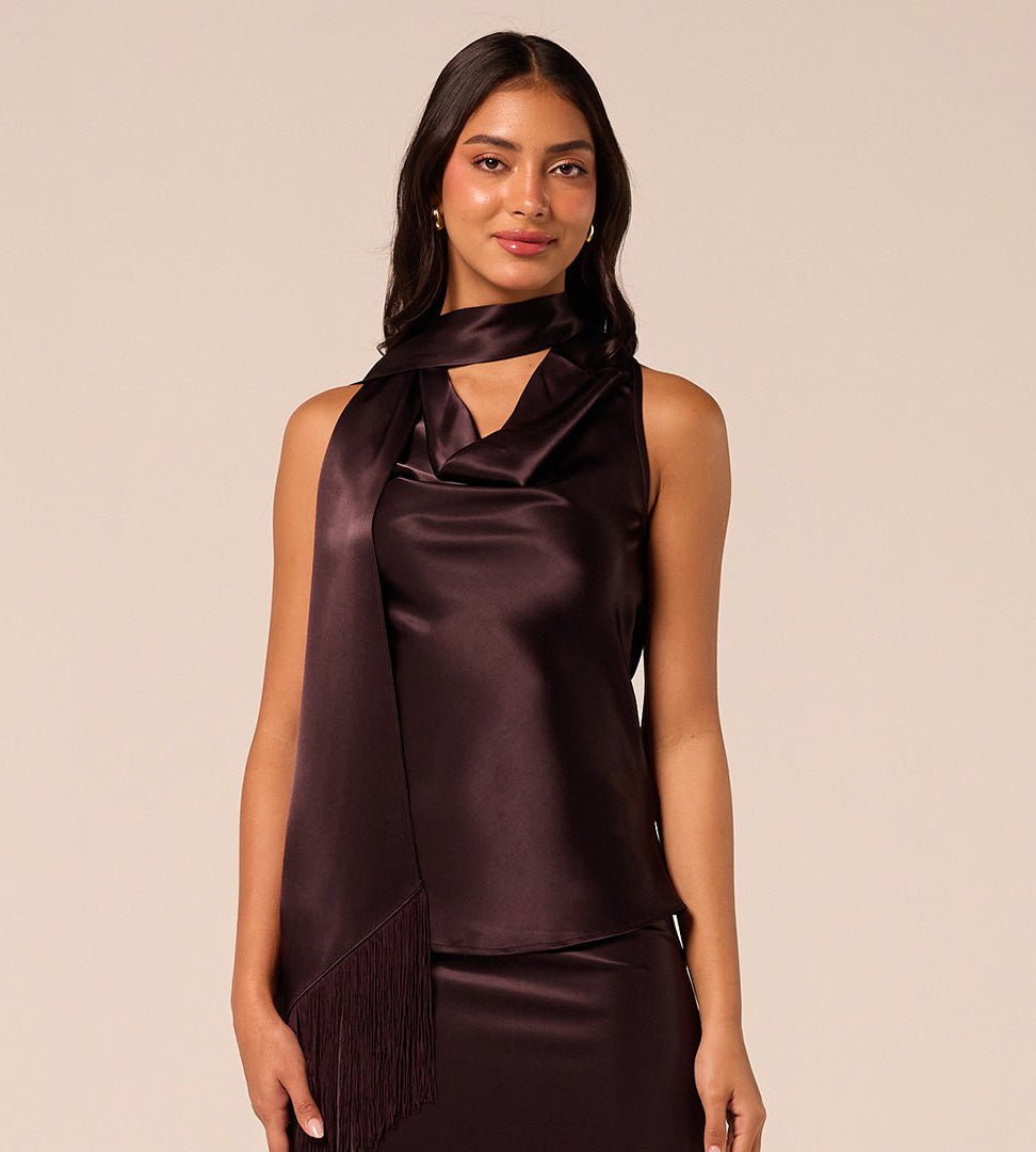 Dark Brown Draped Satin Top - shopaleena