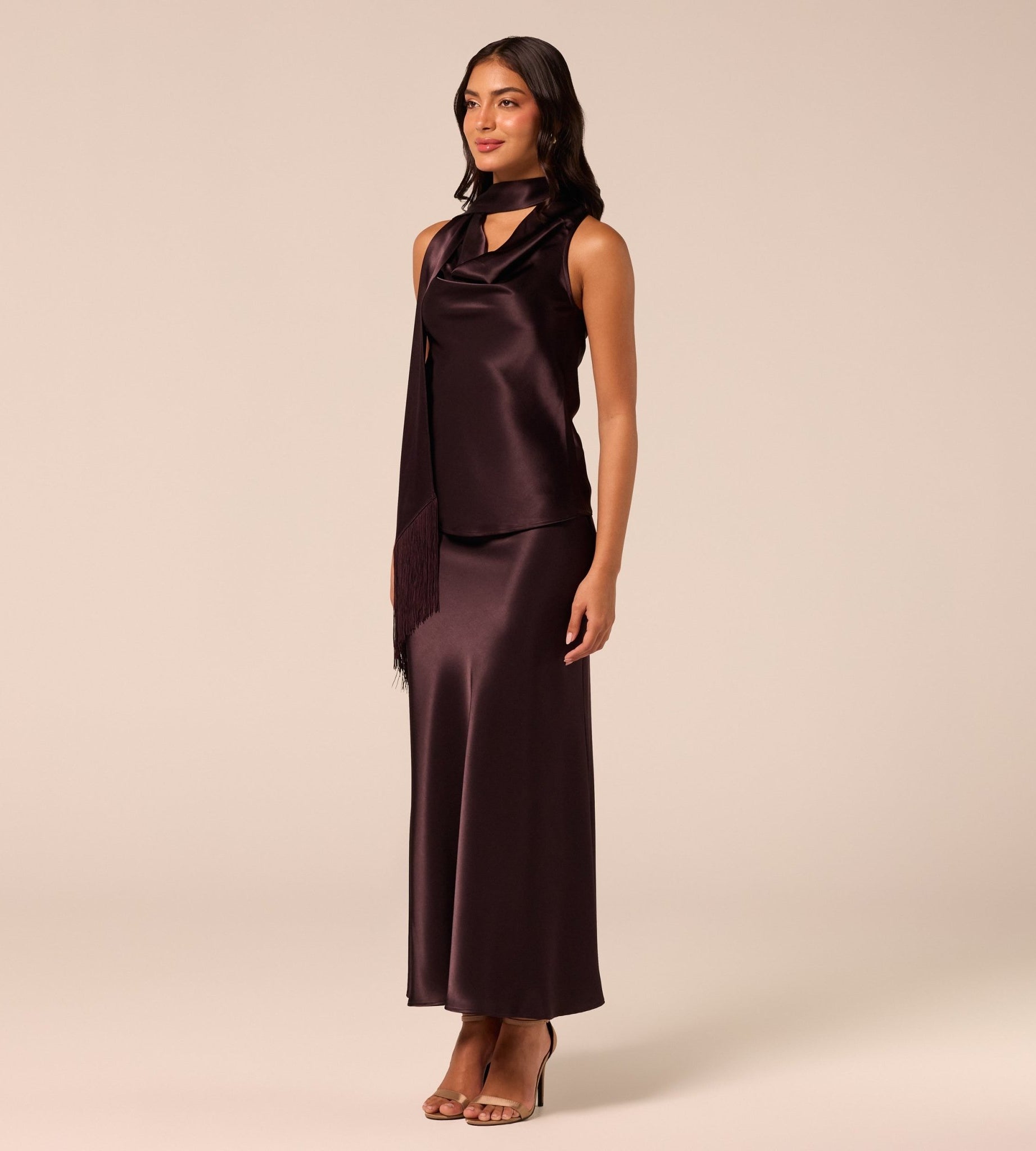 Dark Brown Draped Satin Top - shopaleena