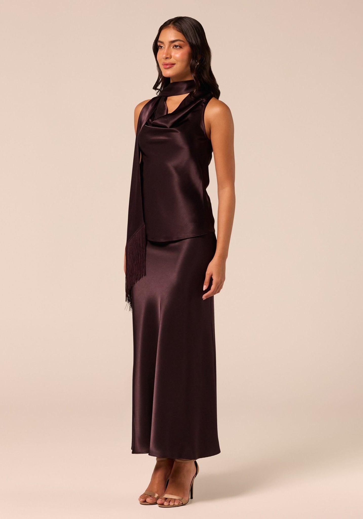 Dark Brown Draped Satin Top - shopaleena