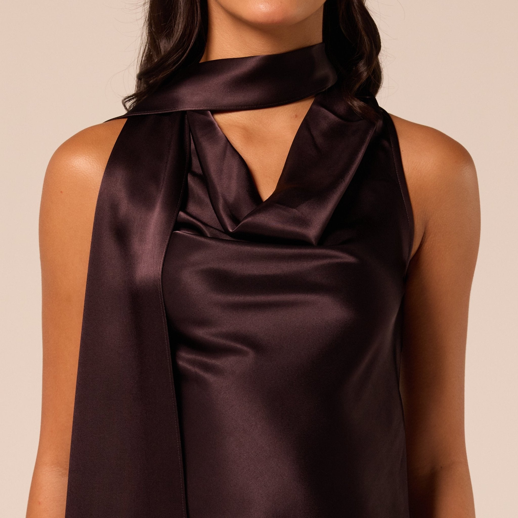 Dark Brown Draped Satin Top - shopaleena