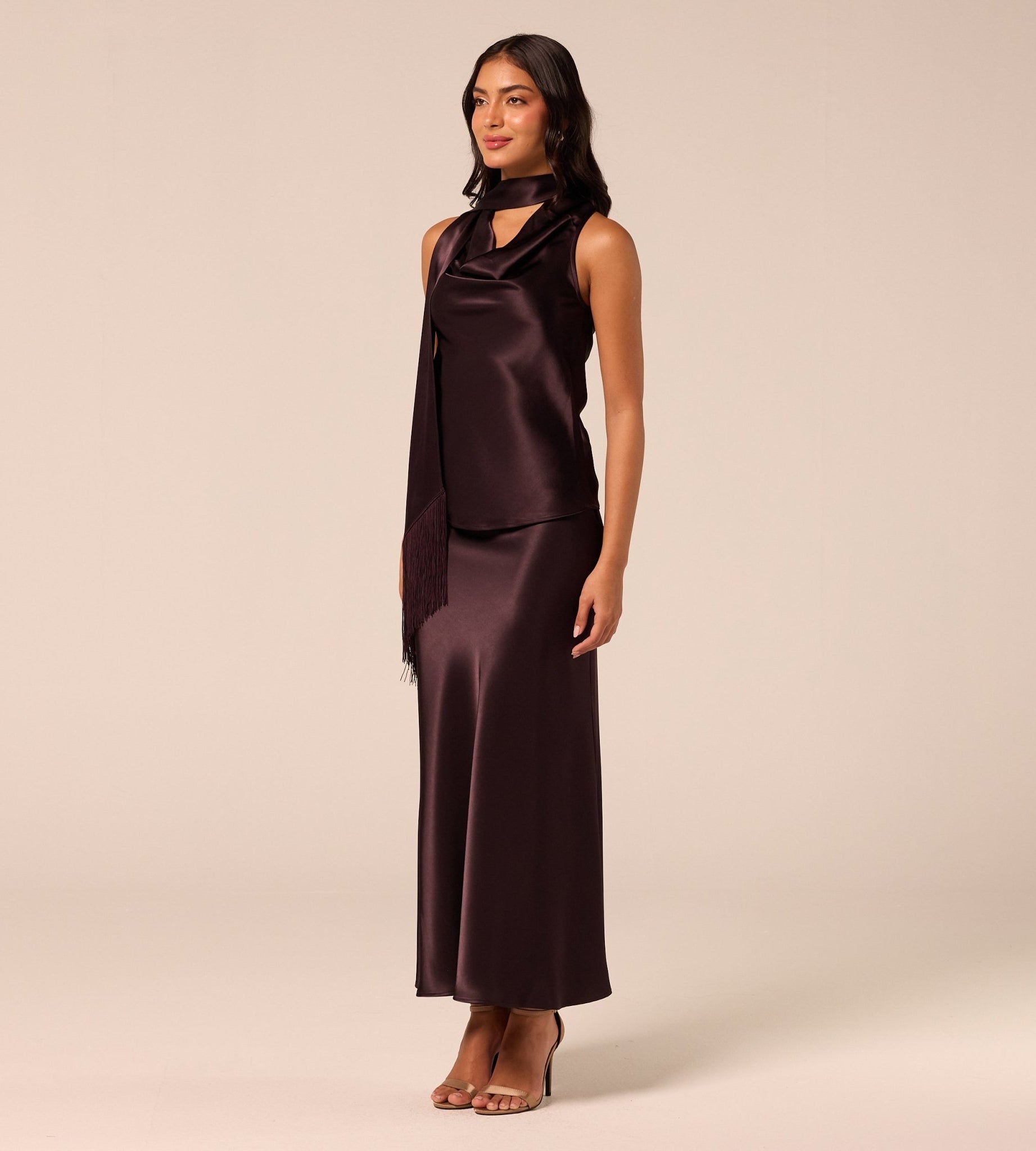 Dark Brown Draped Satin Top - shopaleena