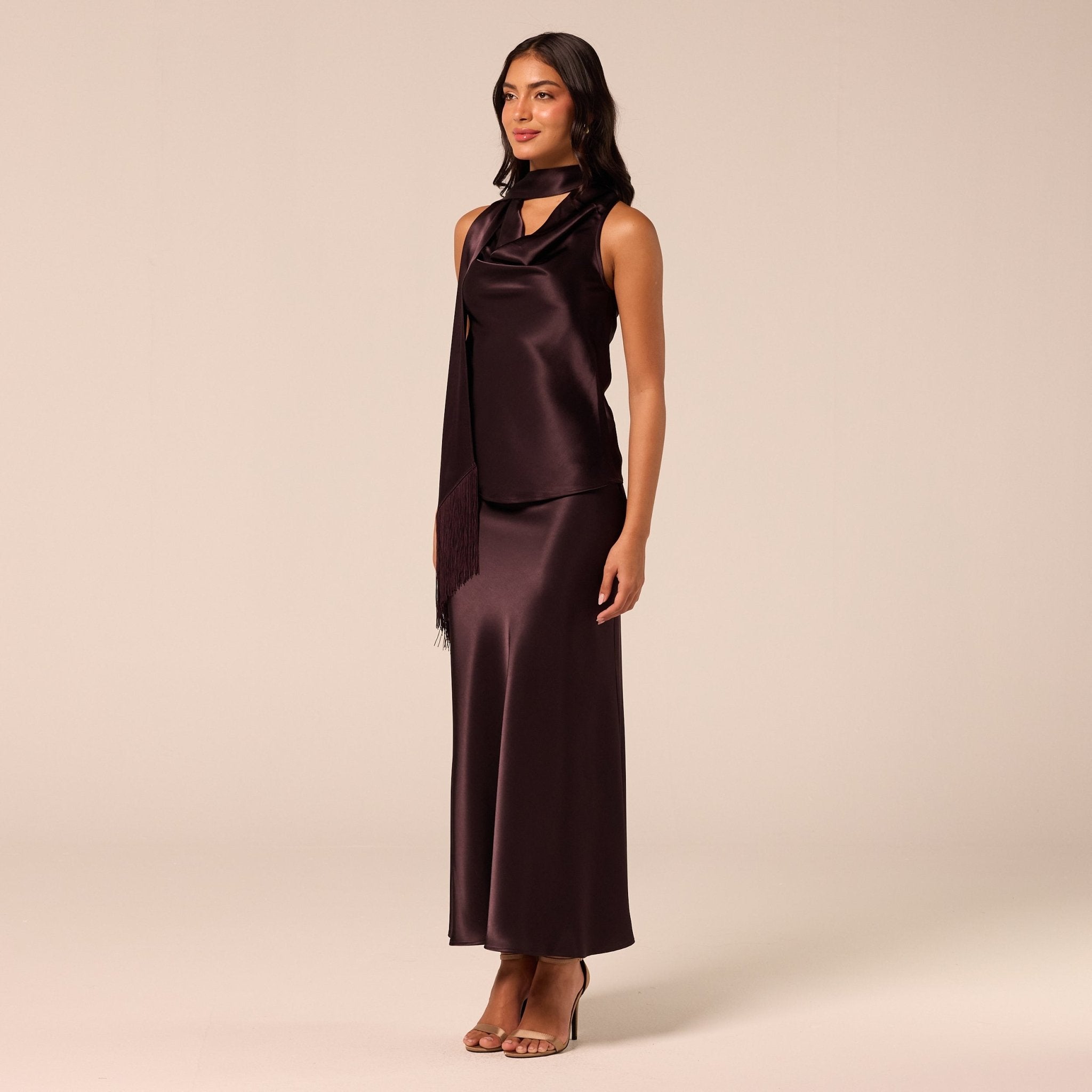 Dark Brown Draped Satin Top - shopaleena