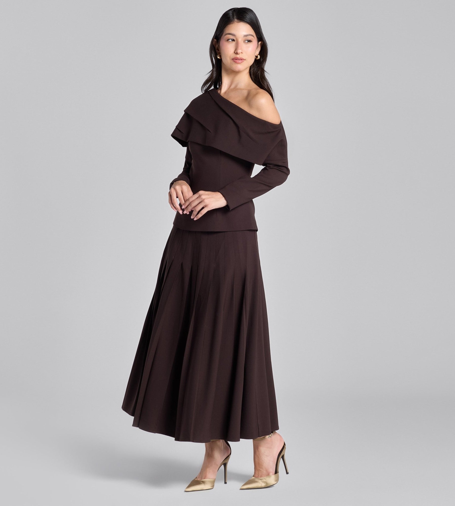 Dark Brown Dropped Shoulder Long Sleeve Top - shopaleena
