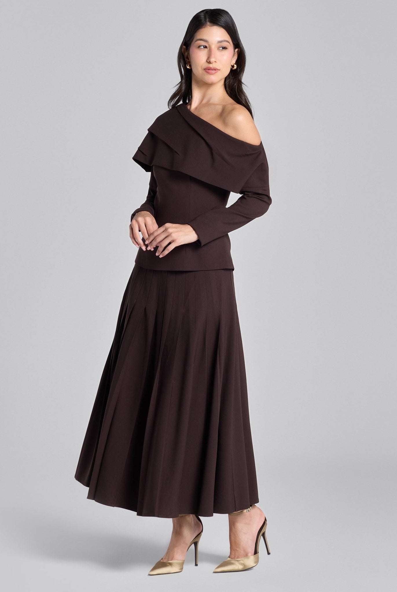 Dark Brown Dropped Shoulder Long Sleeve Top - shopaleena