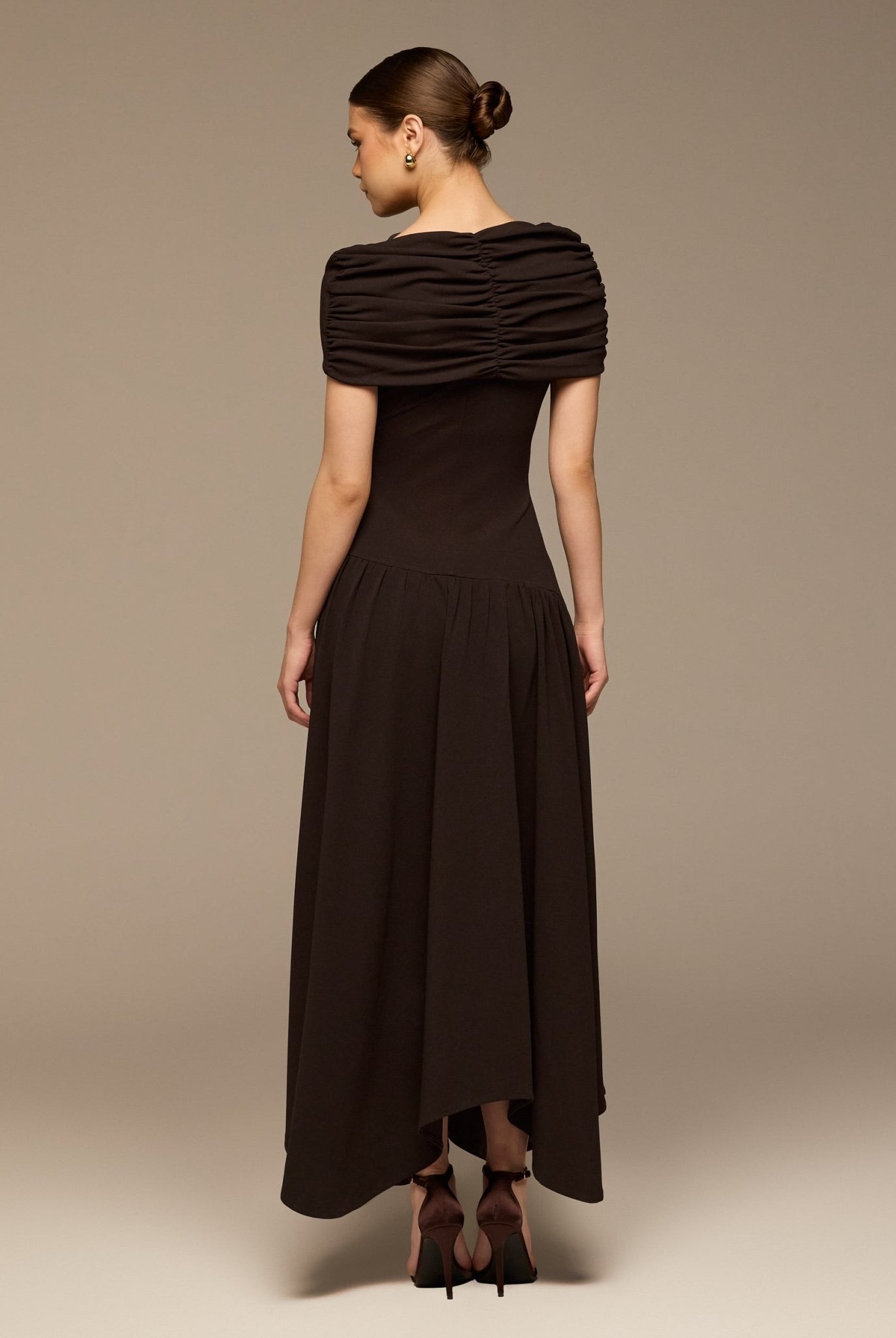 Dark Brown Dropped Waist Crepe Dress - shopaleena