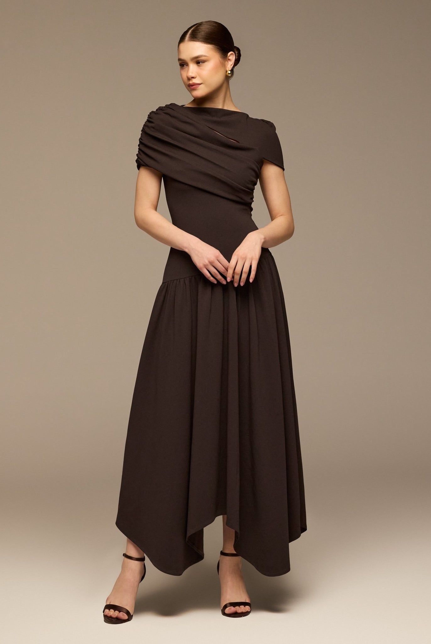 Dark Brown Dropped Waist Crepe Dress - shopaleena