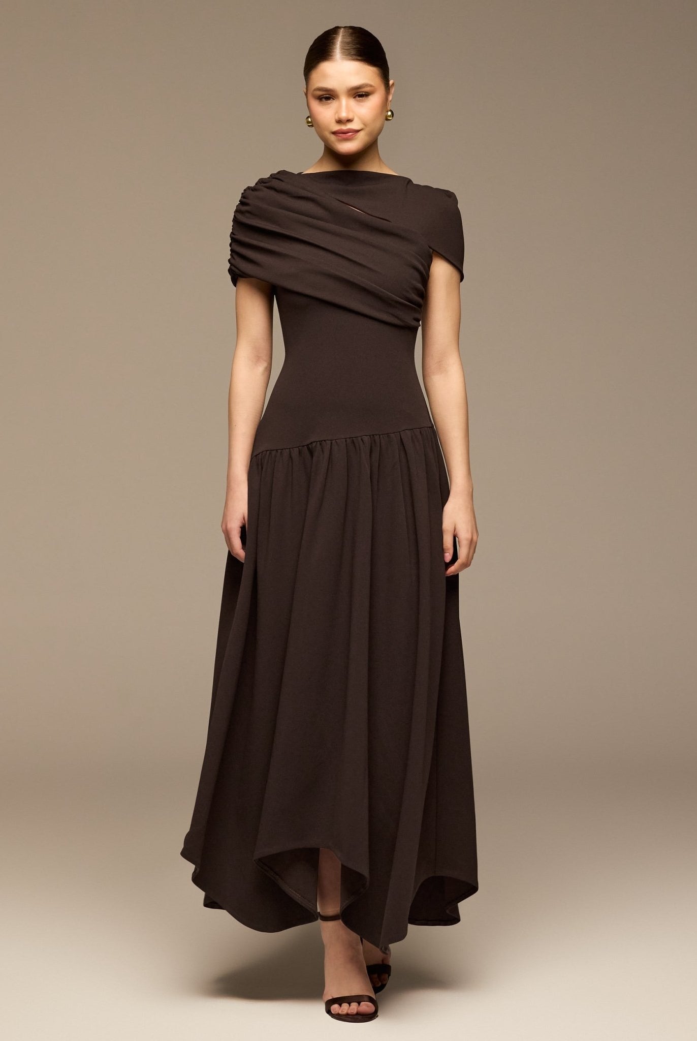 Dark Brown Dropped Waist Crepe Dress - shopaleena