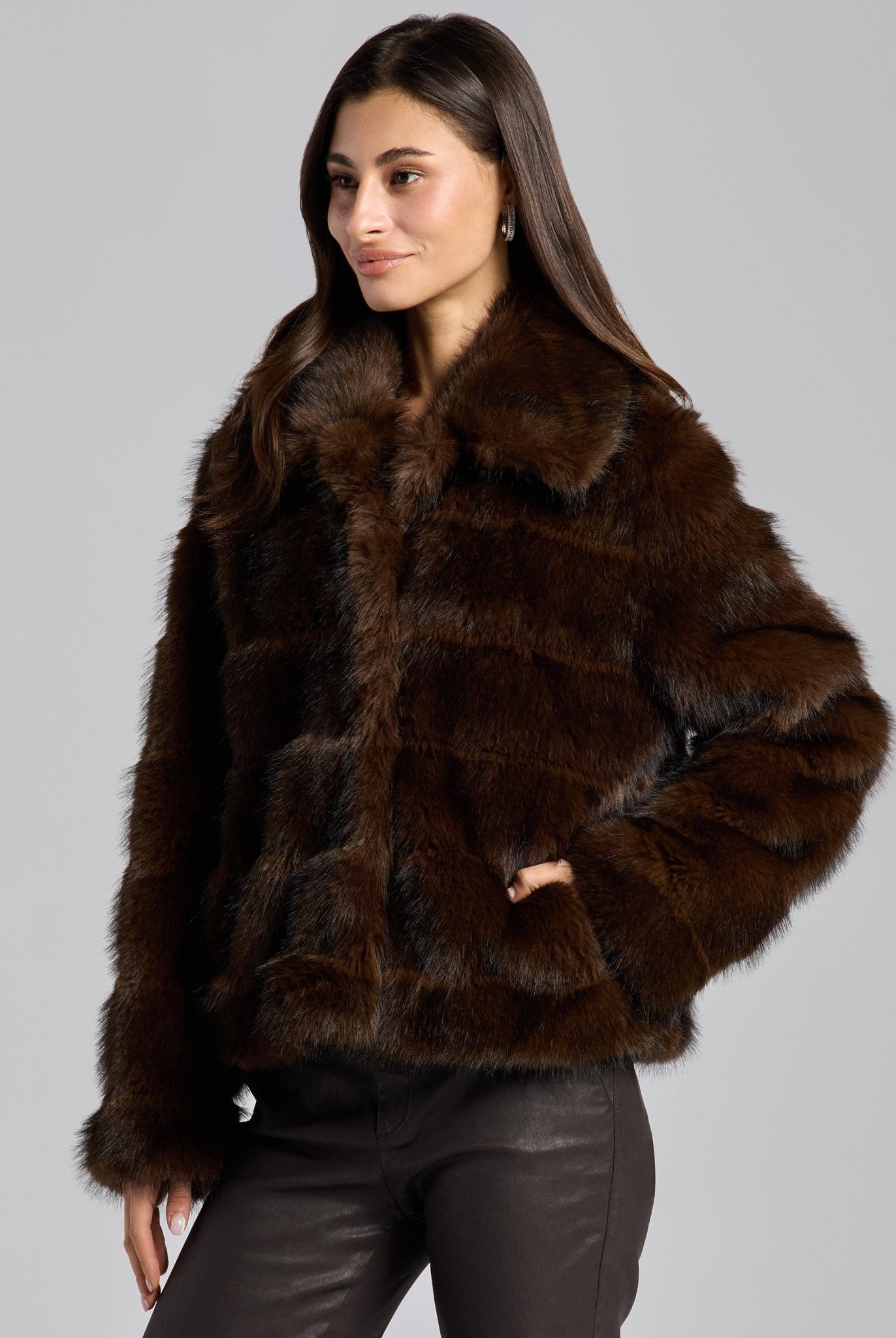 Dark Brown Faux Sable Fur Jacket - shopaleena