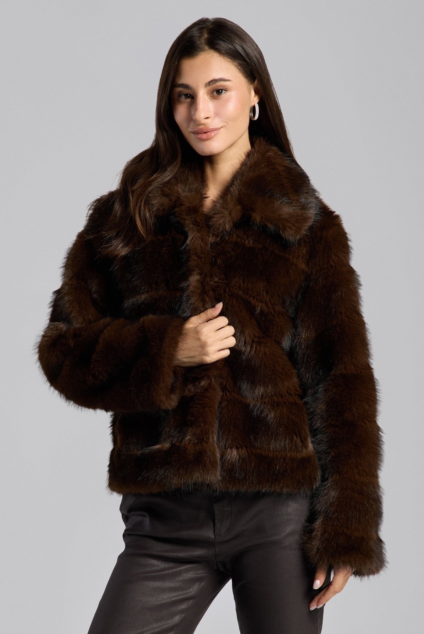Dark Brown Faux Sable Fur Jacket - shopaleena