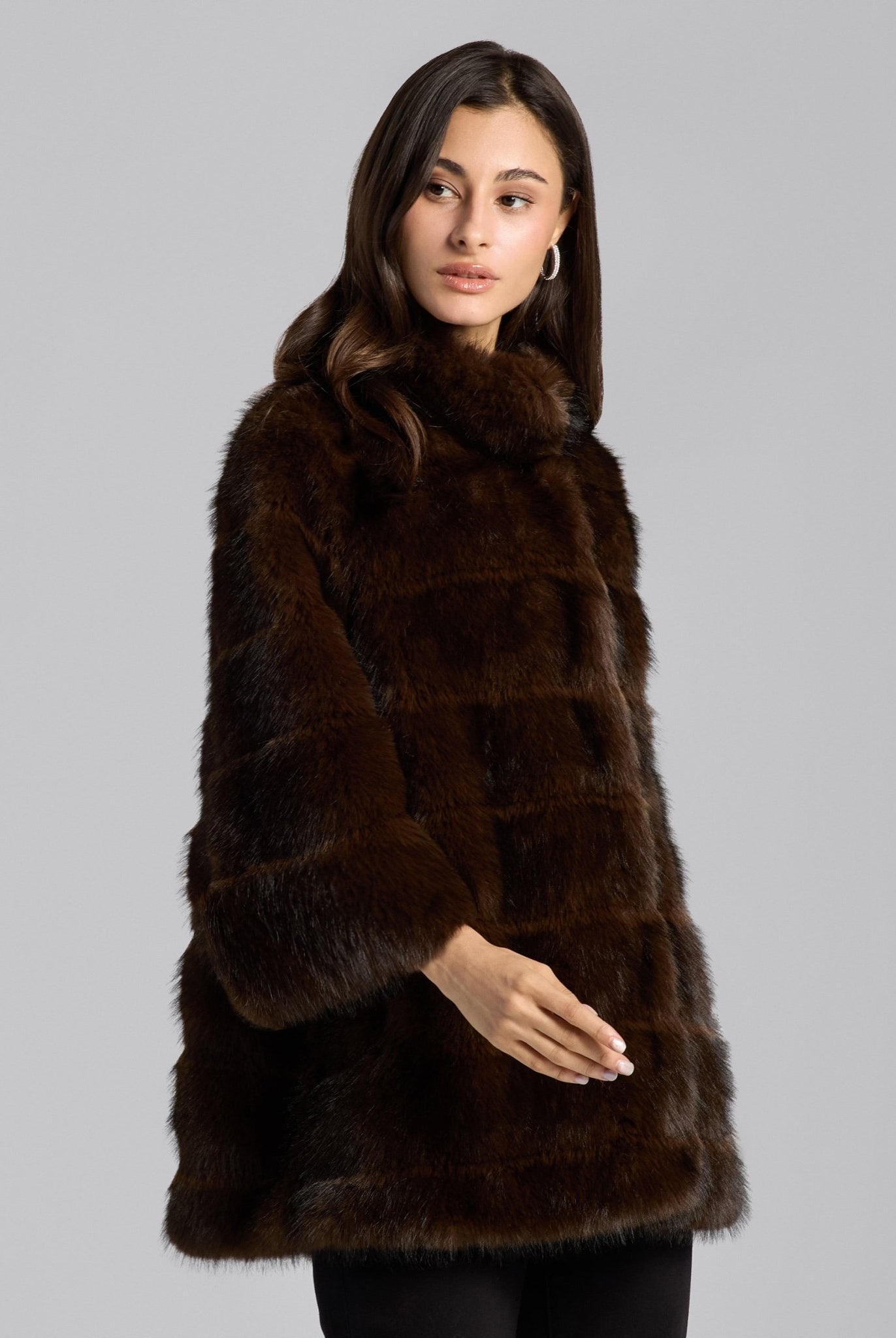 Dark Brown Faux Sable Fur Wide Collar Coat - shopaleena