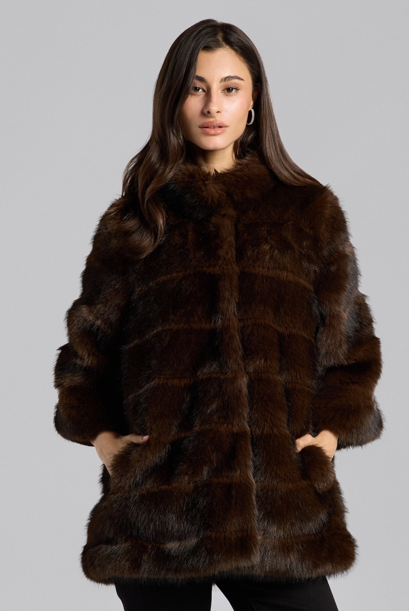 Dark Brown Faux Sable Fur Wide Collar Coat - shopaleena
