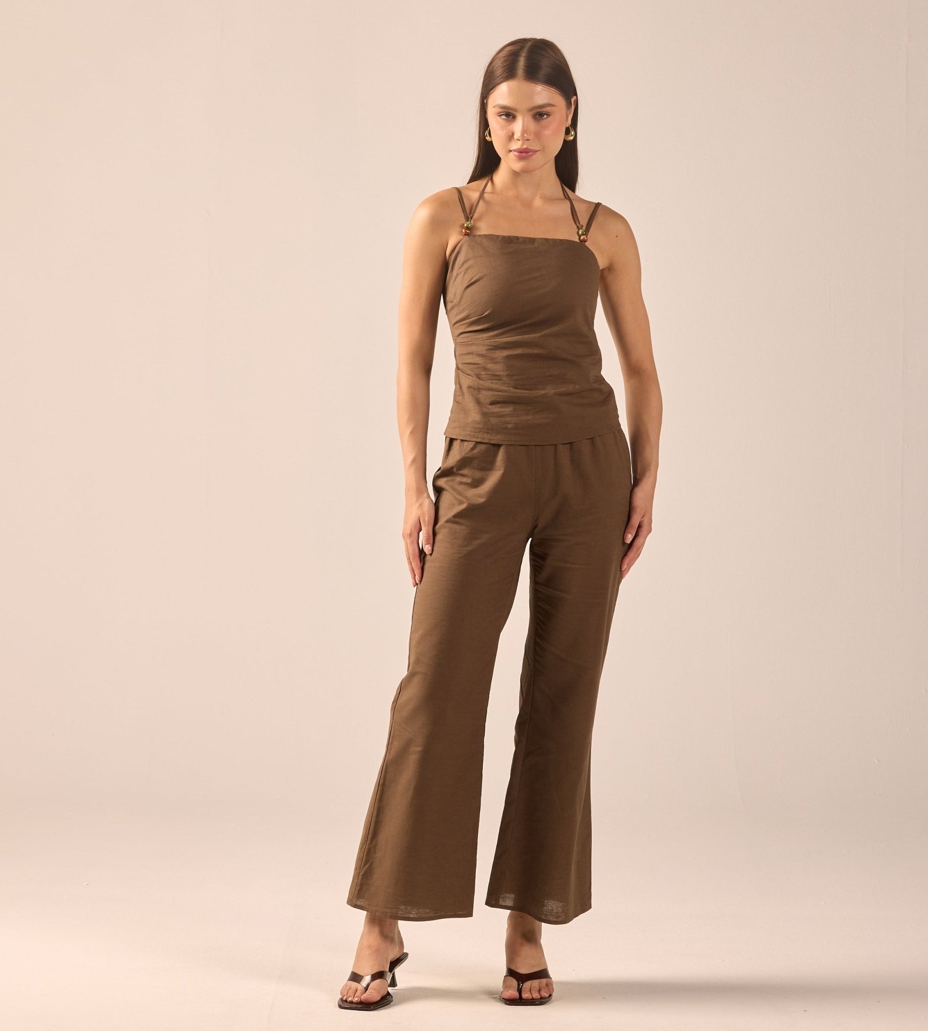 Dark Brown Linen Flare Pants - shopaleena