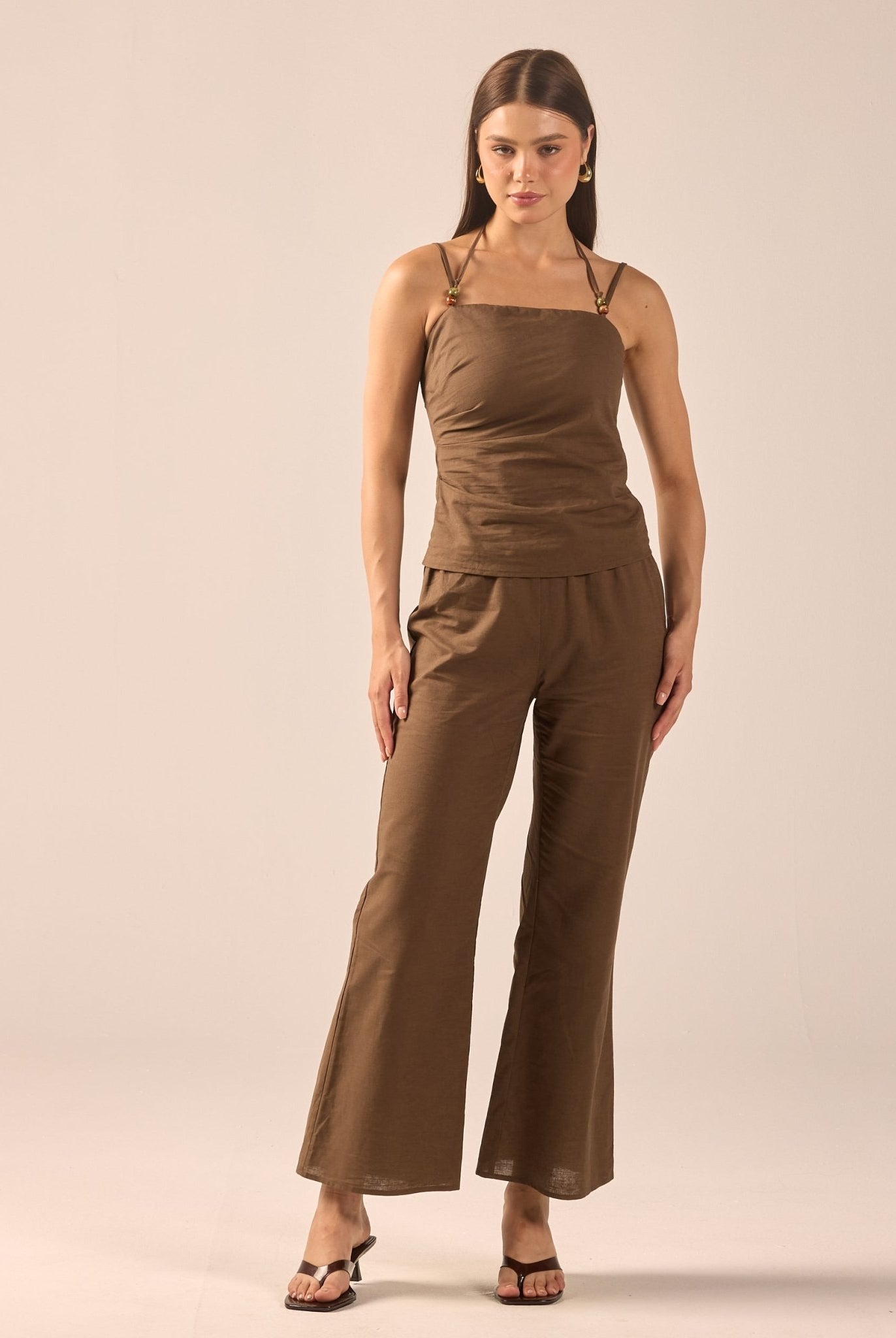Dark Brown Linen Flare Pants - shopaleena