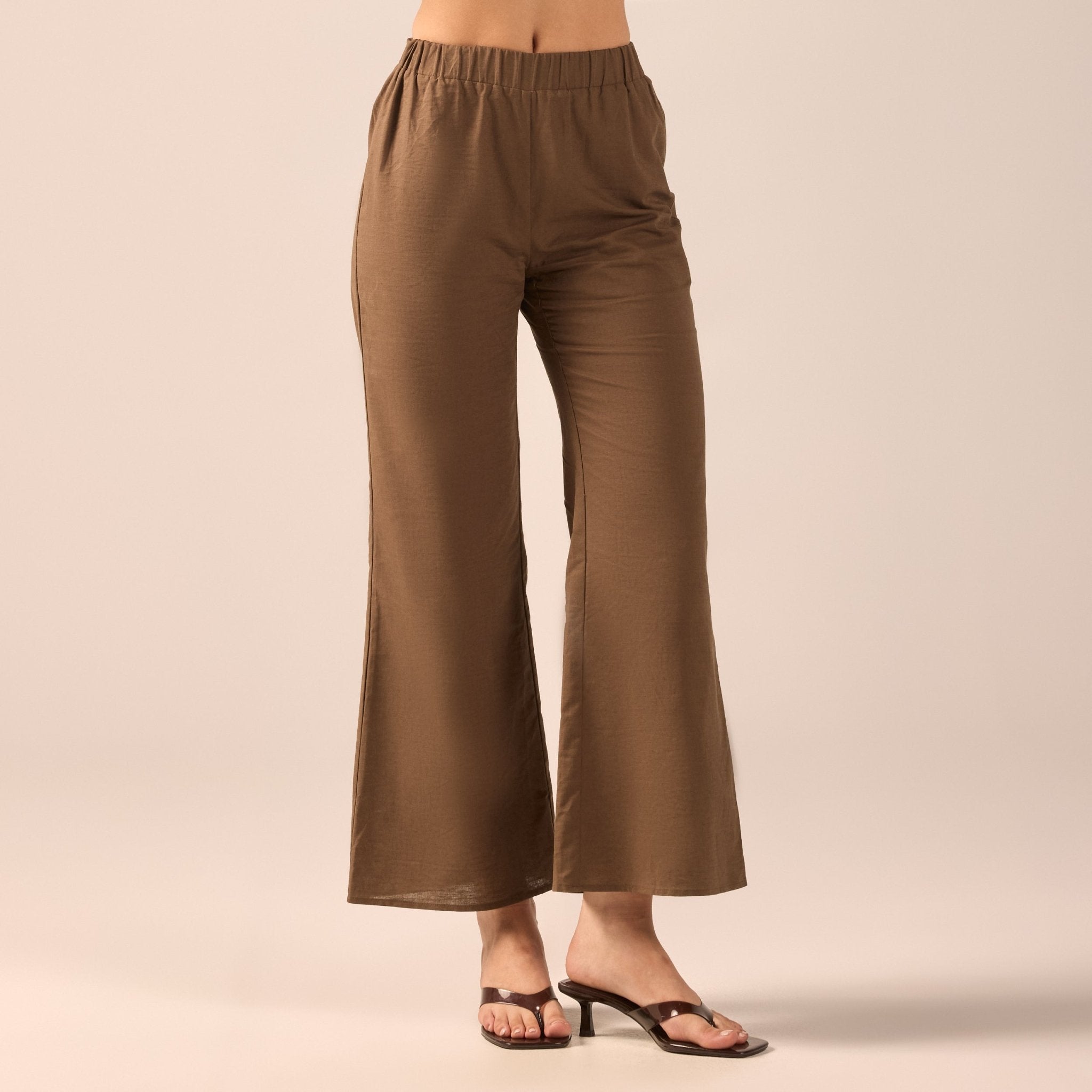 Dark Brown Linen Flare Pants - shopaleena