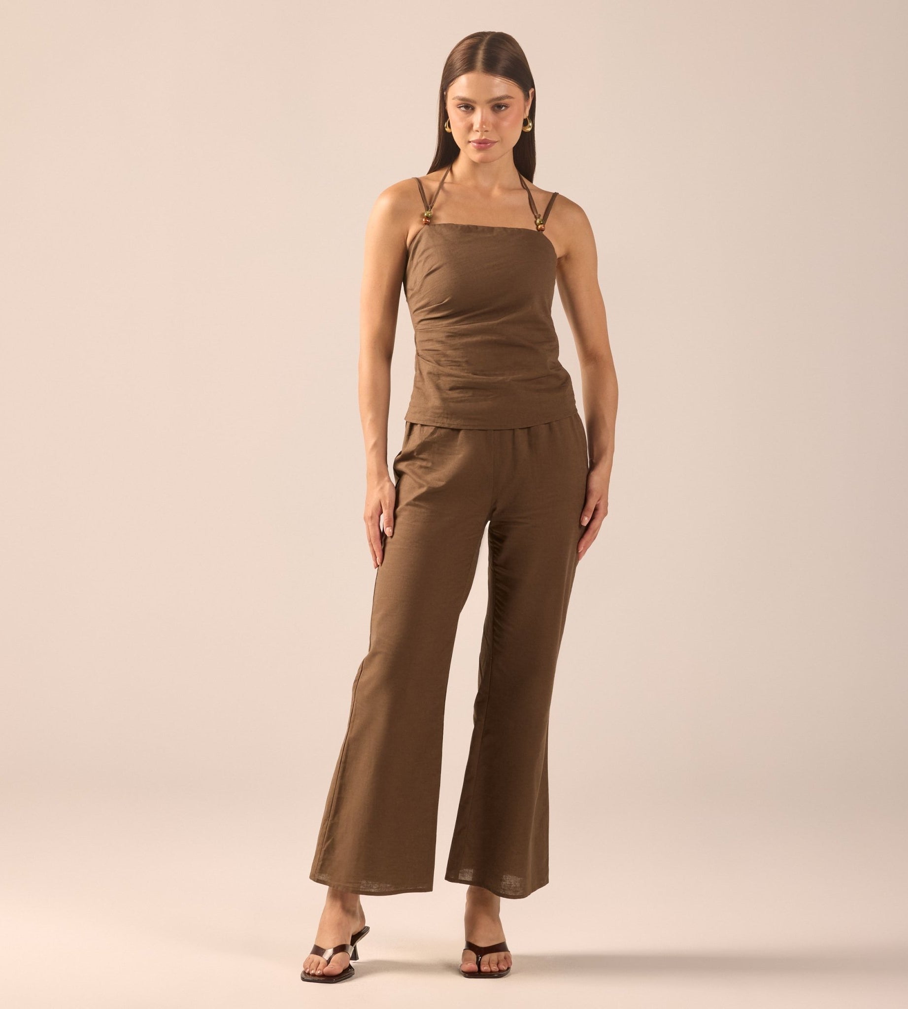 Dark Brown Linen Flare Pants - shopaleena