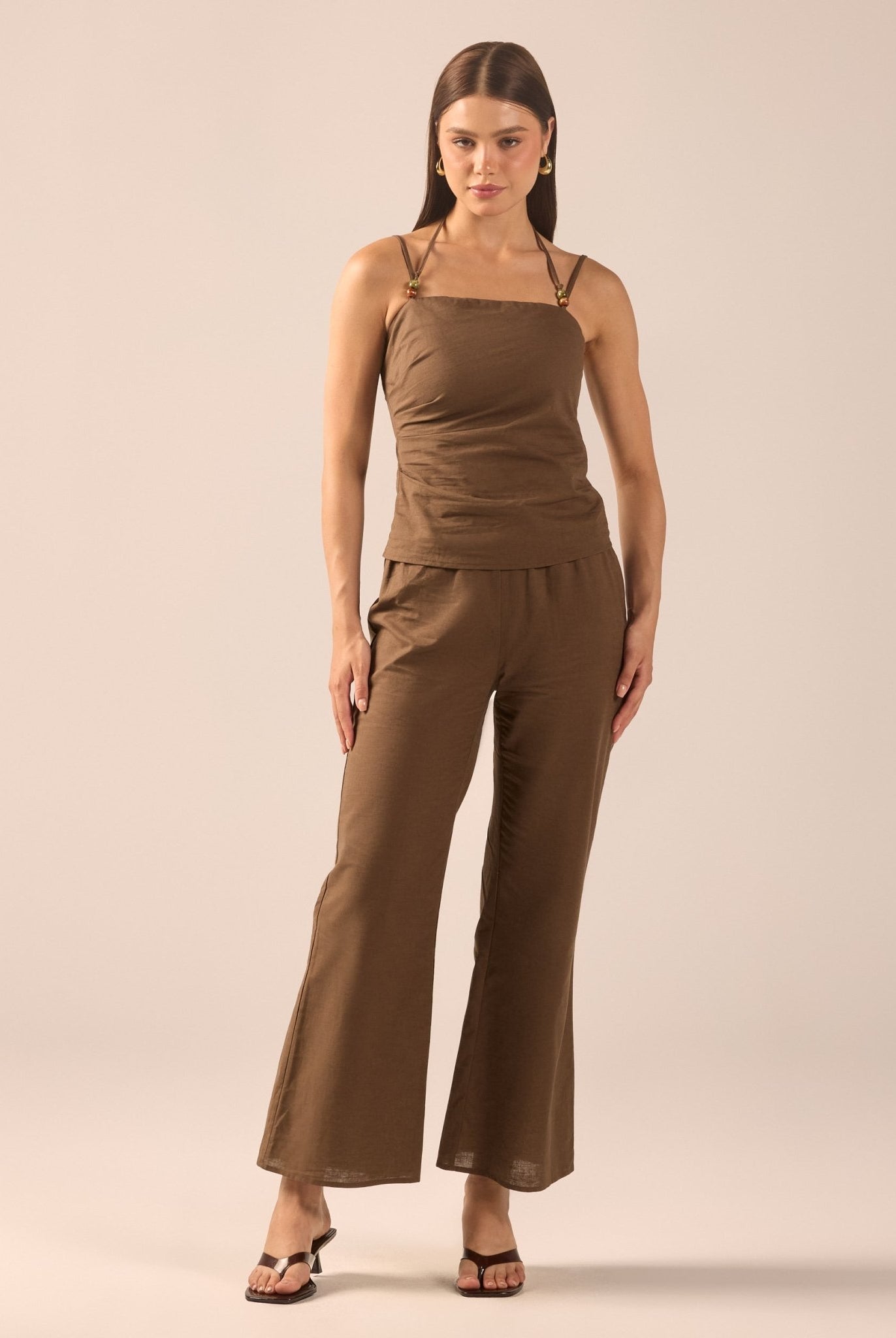 Dark Brown Linen Flare Pants - shopaleena