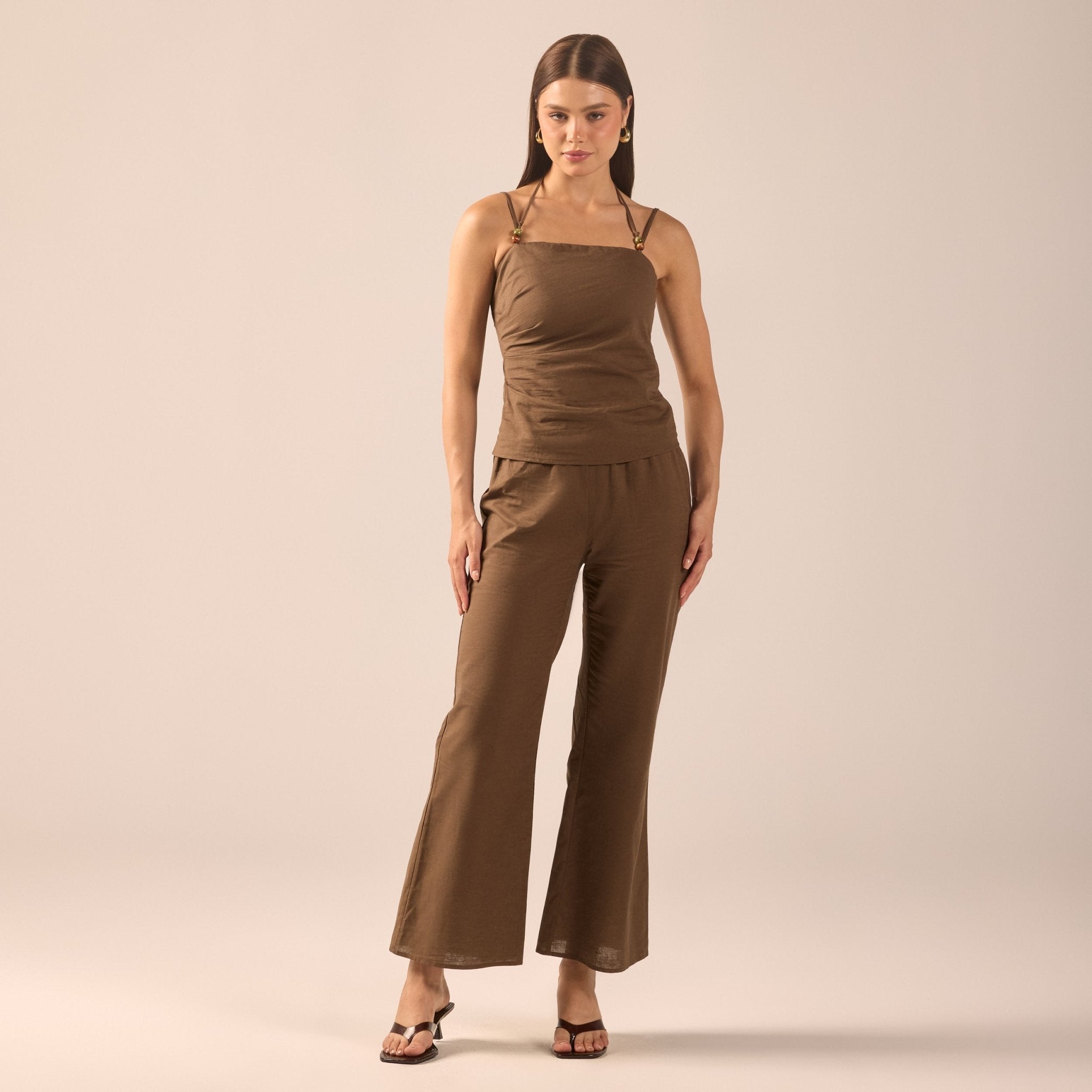 Dark Brown Linen Flare Pants - shopaleena