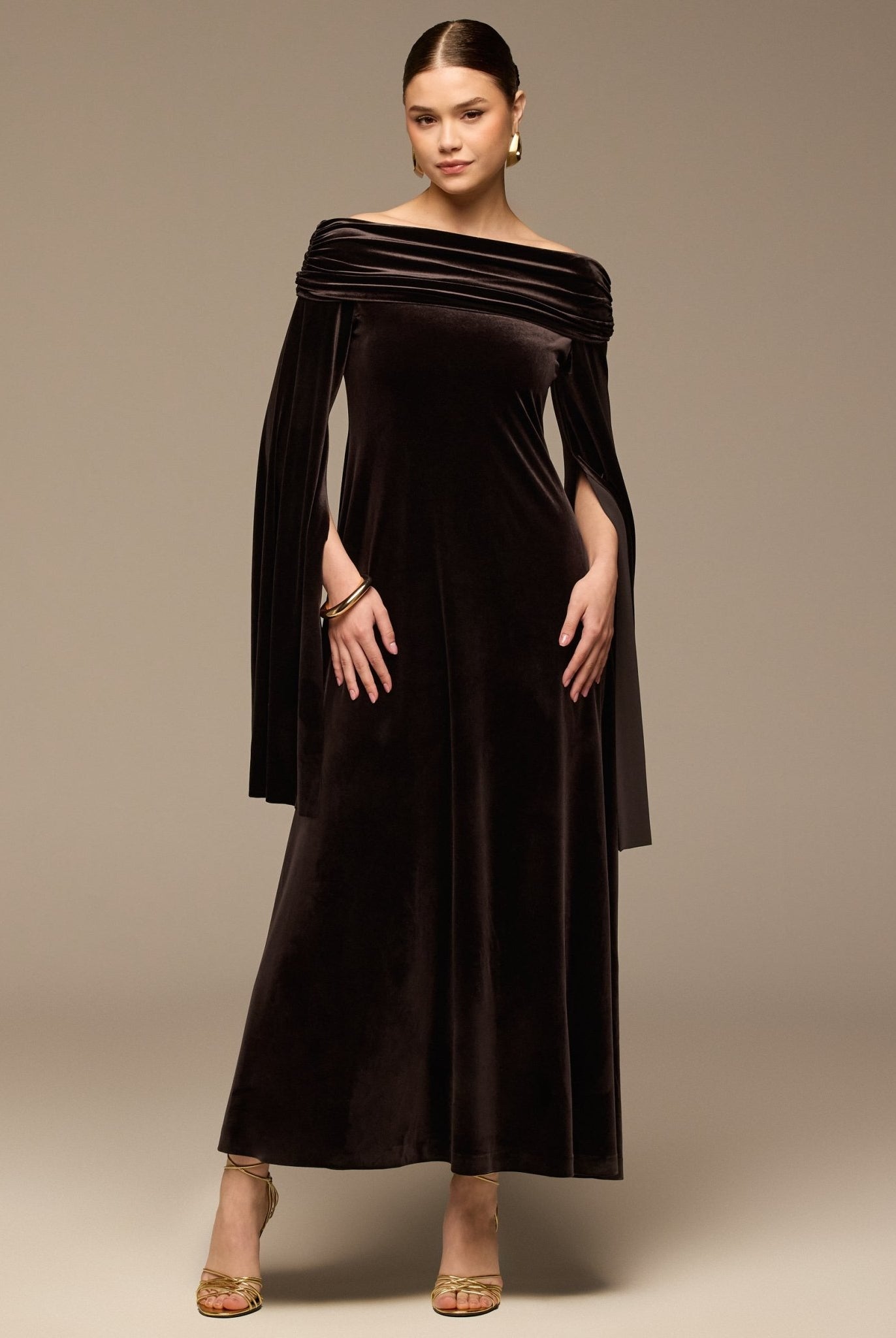 Dark Brown Off - Shoulder Draped Velvet Dress - shopaleena