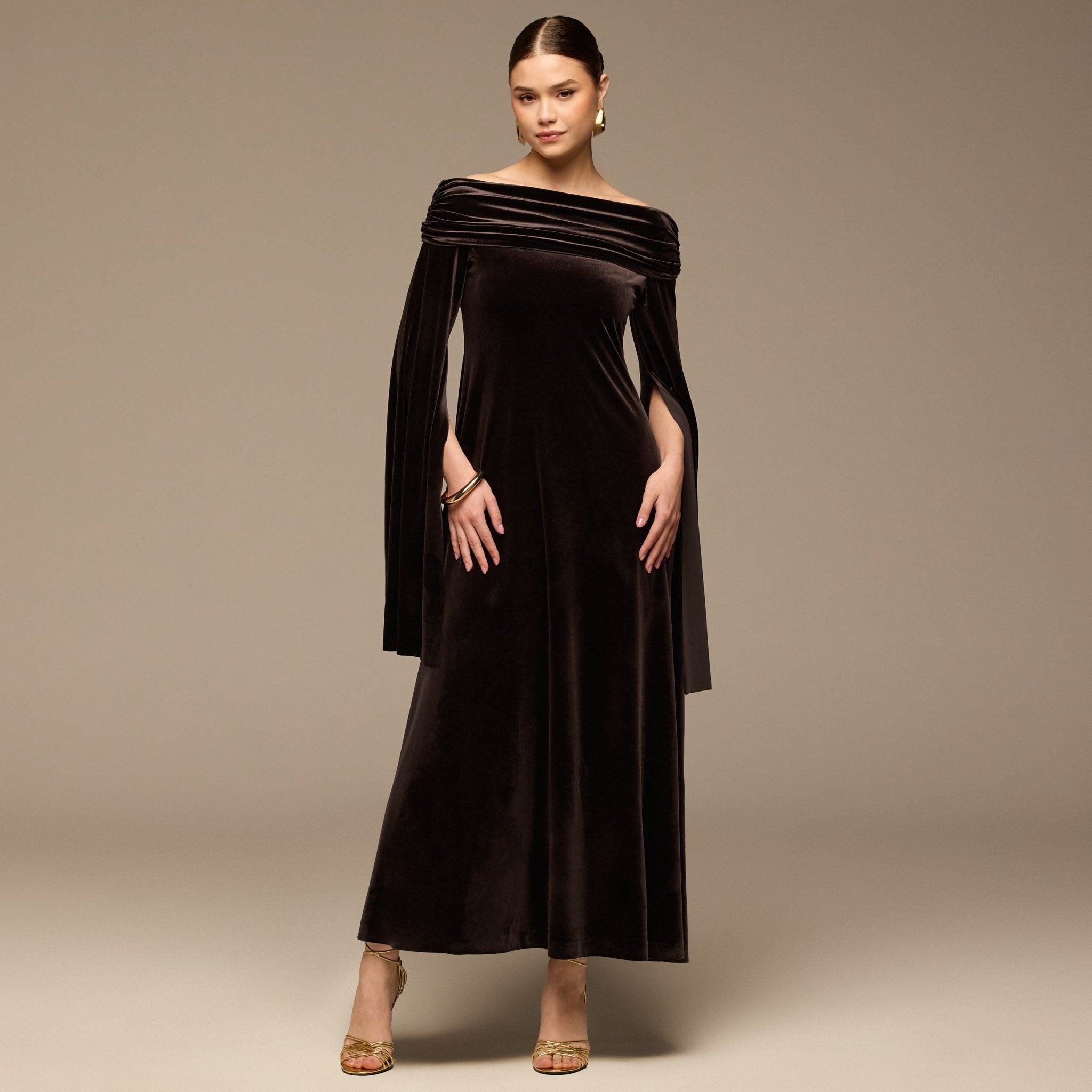 Dark Brown Off - Shoulder Draped Velvet Dress - shopaleena