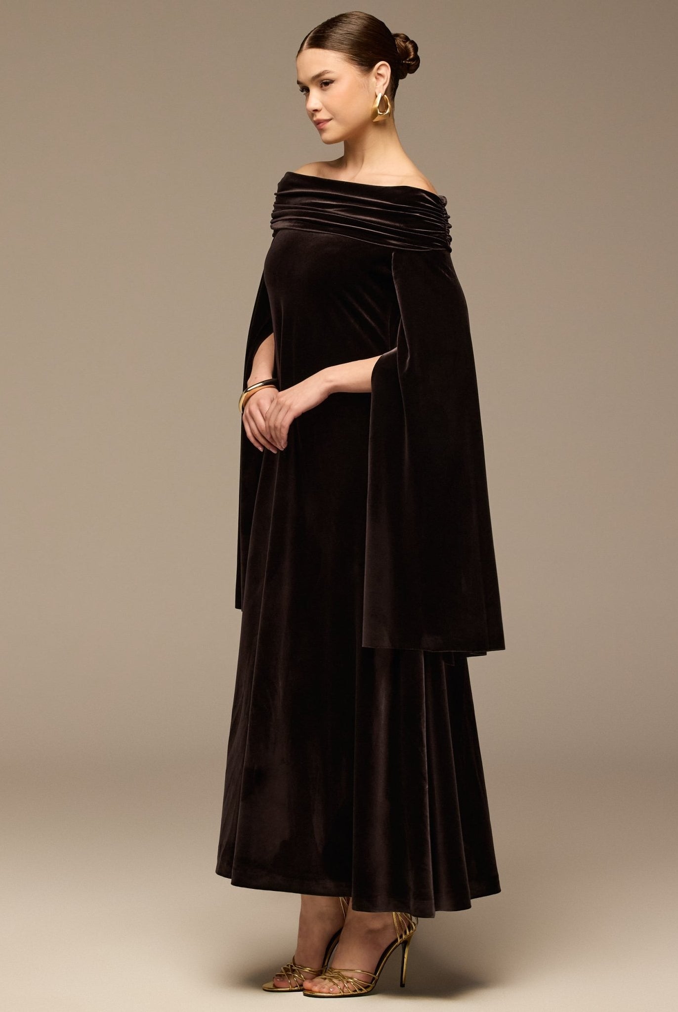 Dark Brown Off - Shoulder Draped Velvet Dress - shopaleena