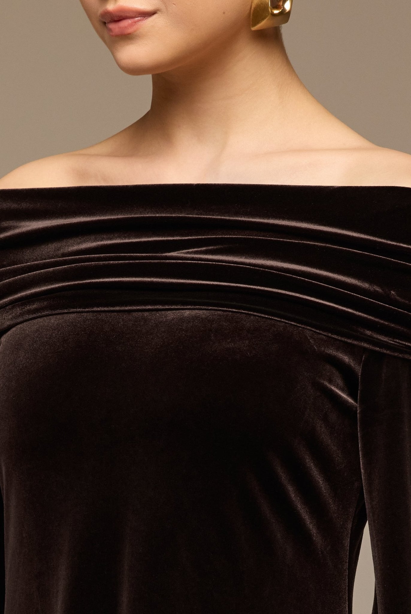Dark Brown Off - Shoulder Draped Velvet Dress - shopaleena